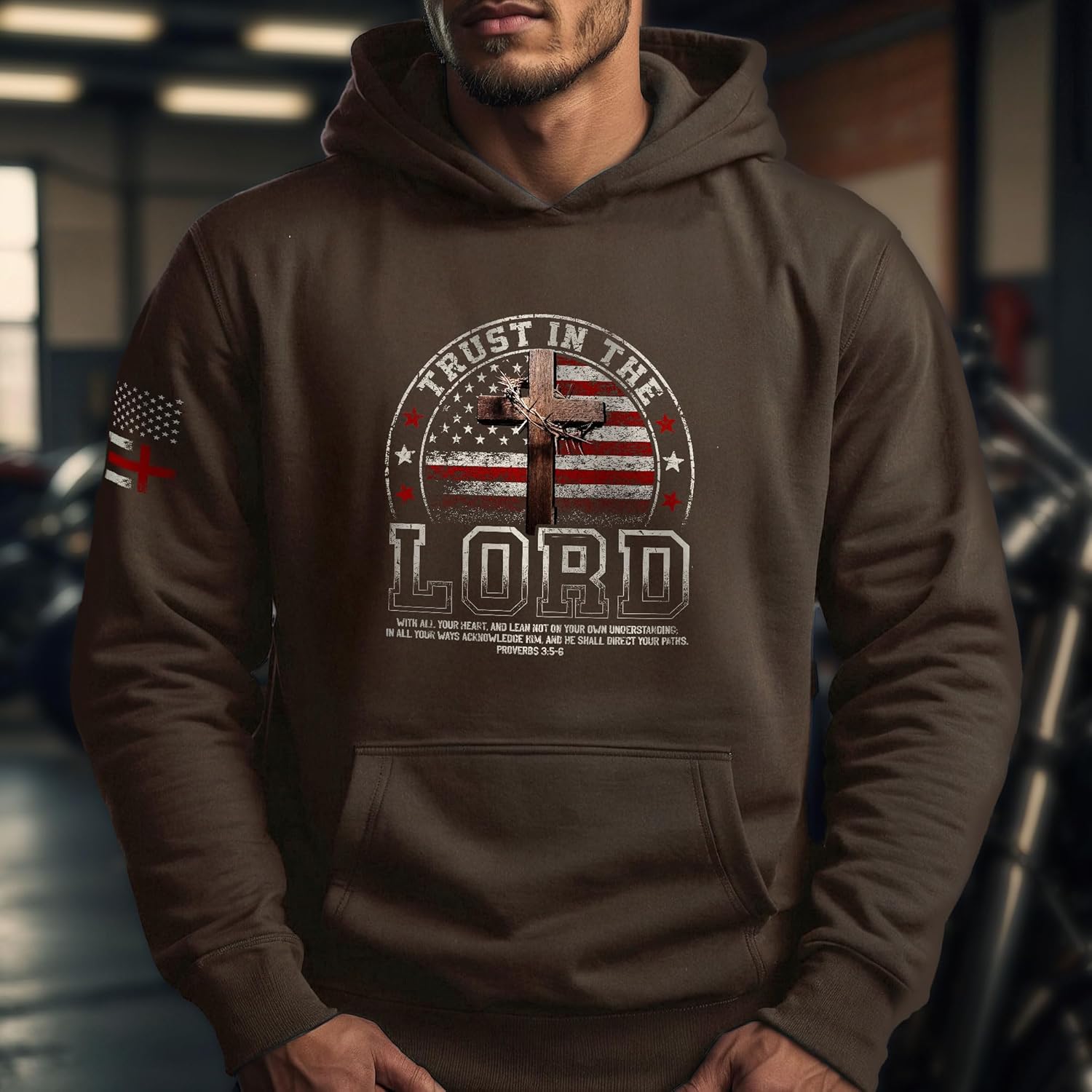 Trust In The Lord Hoodie, Cross Hoodie With American Flag, Christian Hoodies For Men, Bible Verse Hoodies - Image 6