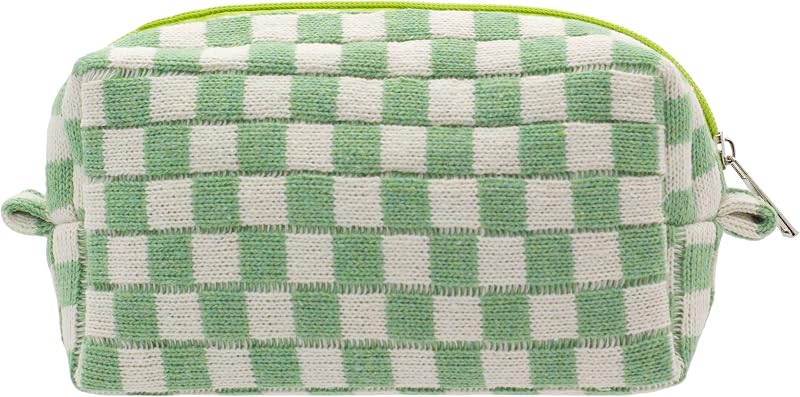 Necessaire de maquiagem xadrez PAZIMIIK verde-claro com zíper