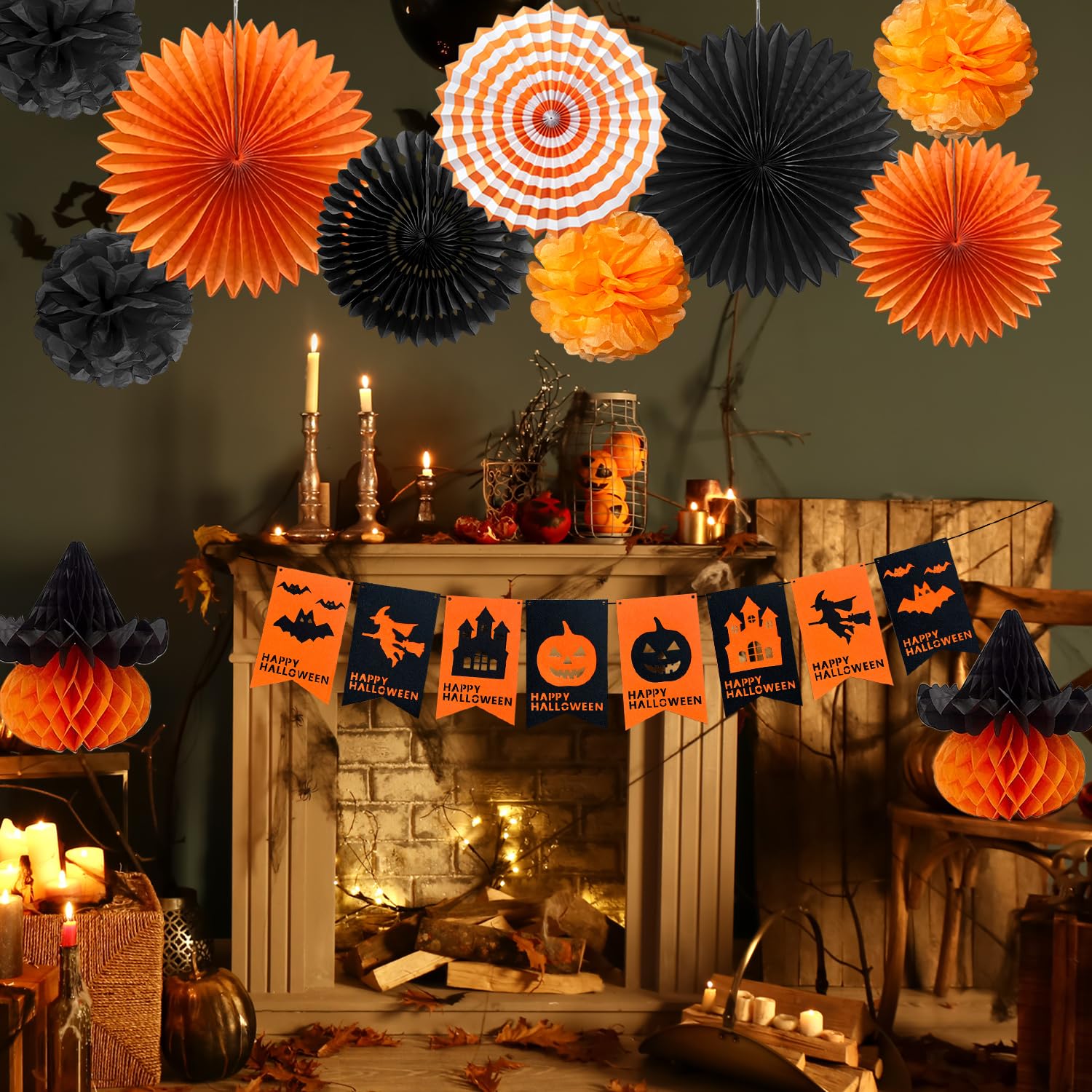 Mauts Halloween Party Decorations set , Halloween paper fan flowers, hanging swirl and happy pumpkin banner (Halloween 2) - Image 3