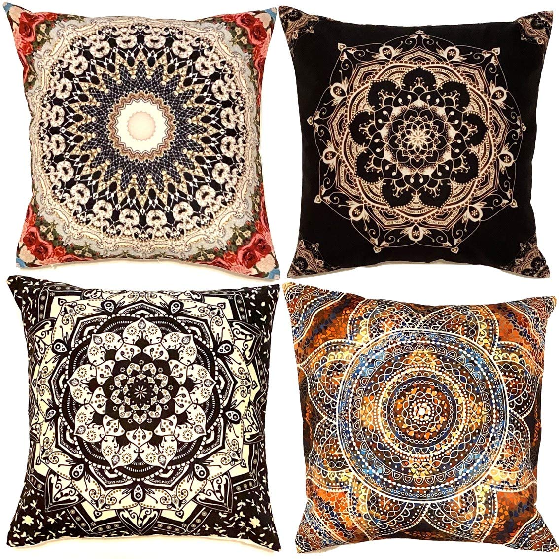 Indie Room Decor Pillow Covers | Bohemian, Aesthetic, Hippy, Mandala, Boho, Hippie, Meditation | Decorative Throw Cases | Set of 4, 18 inches x18 inches