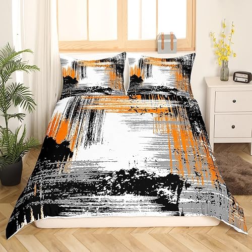 Miniatura 3 de Manfei Juego de funda de edredón abstracta, tamaño matrimonial, estilo grunge, naranja, negro, gris, con 2 fundas de almohada, juego de ropa de cama