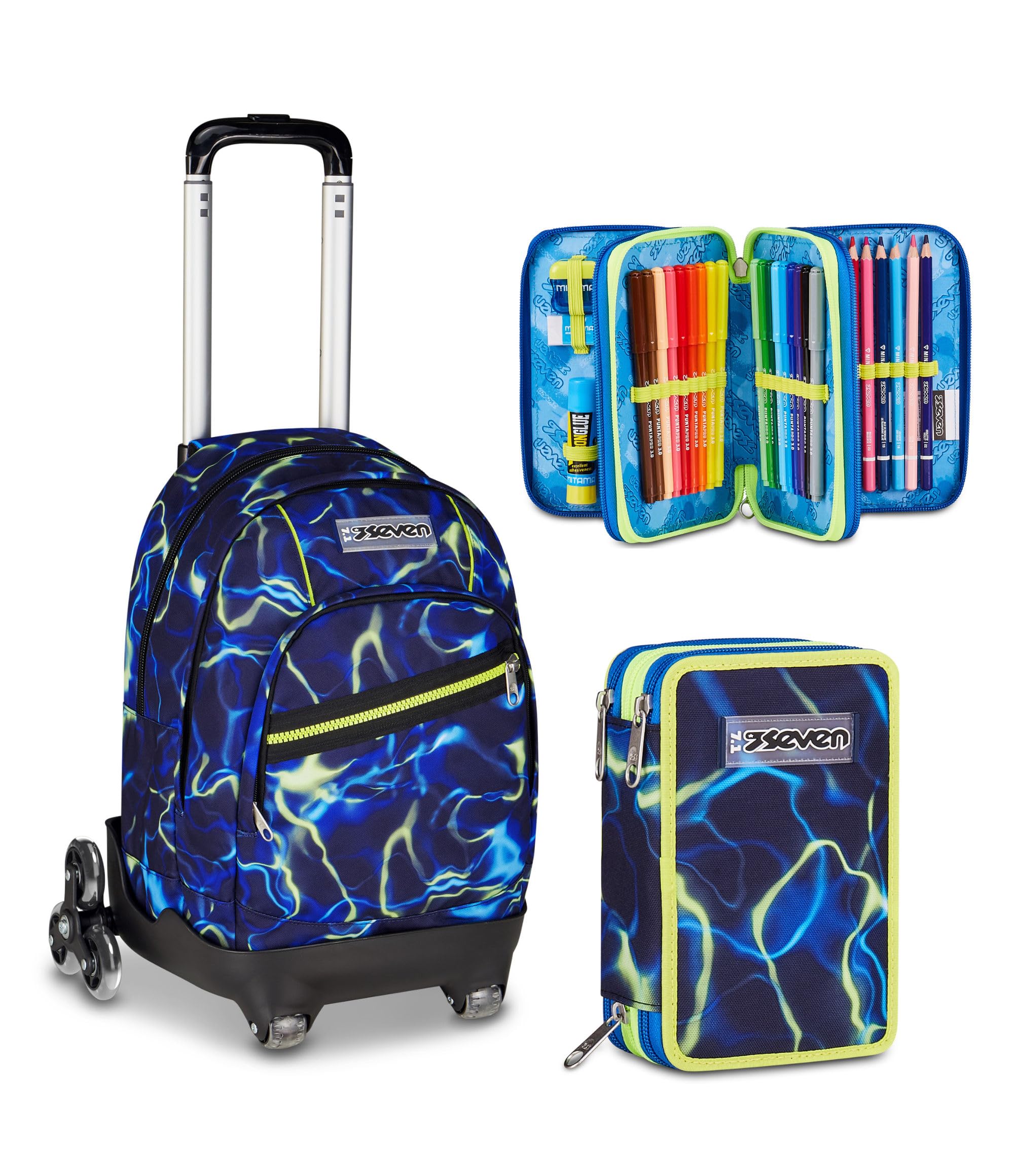 Seven Trolley Scuola Comby 8 Ruote ELECTICVIBE BOY, Blu, 31 L, Uso Zaino, Elementare e media, Bambino + Astuccio 3 zip ELECTRICVIBE BOY, Blu, 45 pezzi, Completo di penne e colori