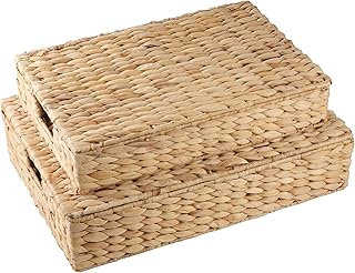 Set of 2 Wicker Baskets with Lid for Organizing - Decorative Storage Boxes With Lids for Home Decor, Shelves - Organic Modern Home Decor - Remote Box - Coffee Table Basket