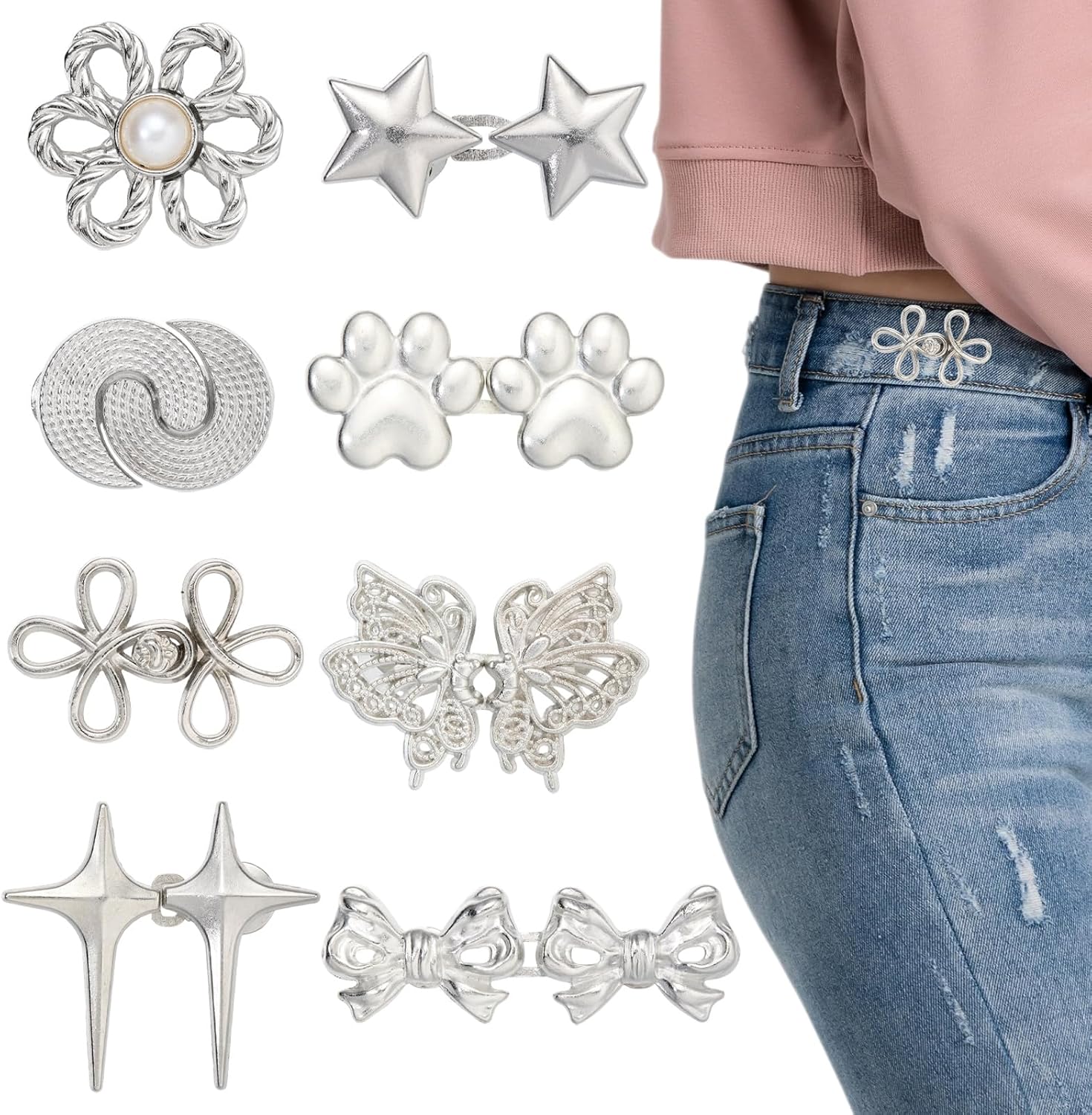 BEEFLYING No Sew Pant Jean Waist Tightener Cincher Clip,Silver, 8 Pcs