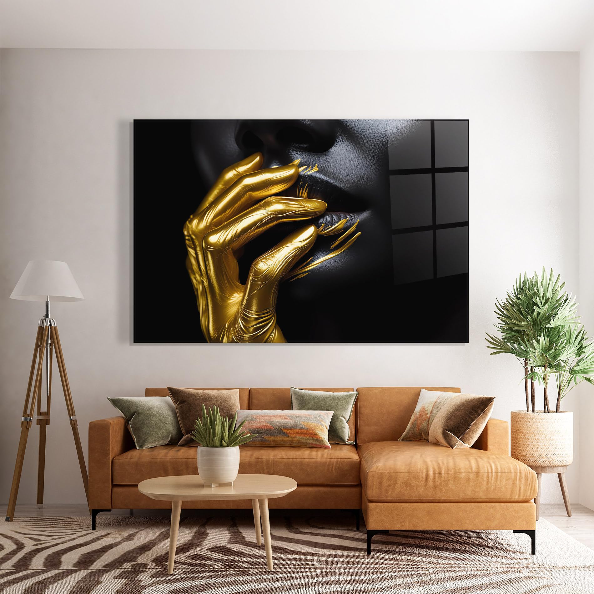 ARTHUB® Moderne impression sur verre 70x100 cm, 4mm verre trempé | Tableau en verre salon et chambre, Décoration murale moderne, Décoration intérieure, femmes, Gold Small Hand