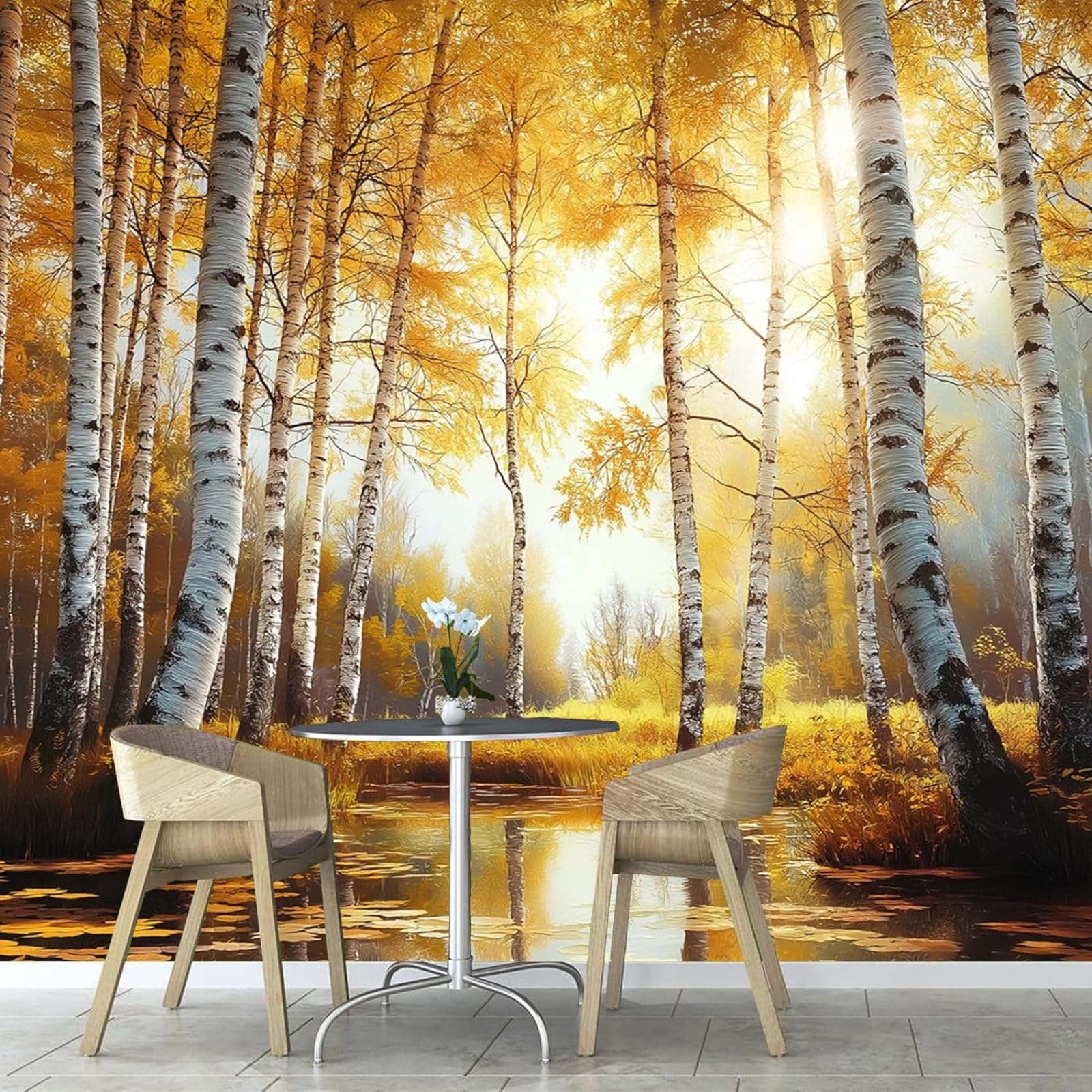 Kfjhgbdshhj 3D Mural Photo Mural-Wallpaper Mural Autumn Birch Forest Bedroom Living Room Modern Yellow Leaves In Autumn Picture 3D Effect,430Cmx300cm Poster - Wall Sticker - Frameless Picture