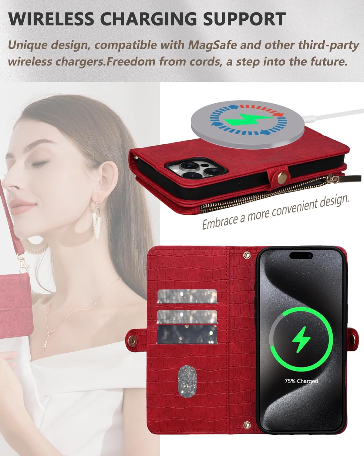 Crossbody Wallet Case for iPhone 14 Pro Max with Mirror, Wrist Strap, Zipper Purse Magnetic Flip RFID Blocking Card Holder, Wireless Charging, PU Leather Shockproof 6.7" Women (Red) - Image 5