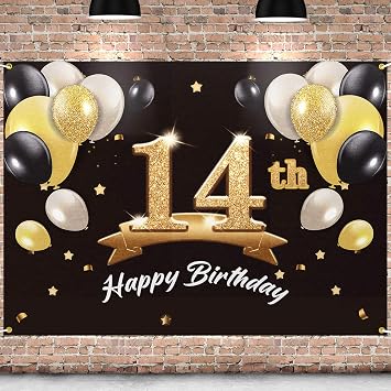 Happy 14th Birthday Banner Backdrop - 14 Birthday Party Decorations Supplies for Boys - Black Gold 4 x 6ft