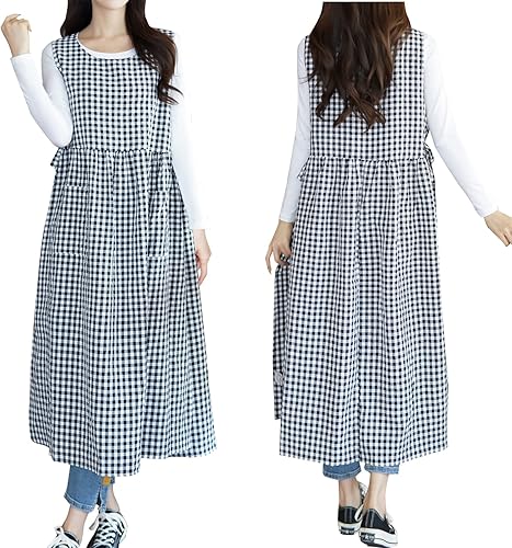 Vestido de delantal a cuadros, delantal japonés de lino y algodón con espalda cruzada para mujer con bolsillos, vestido corto con lazos en la cintura