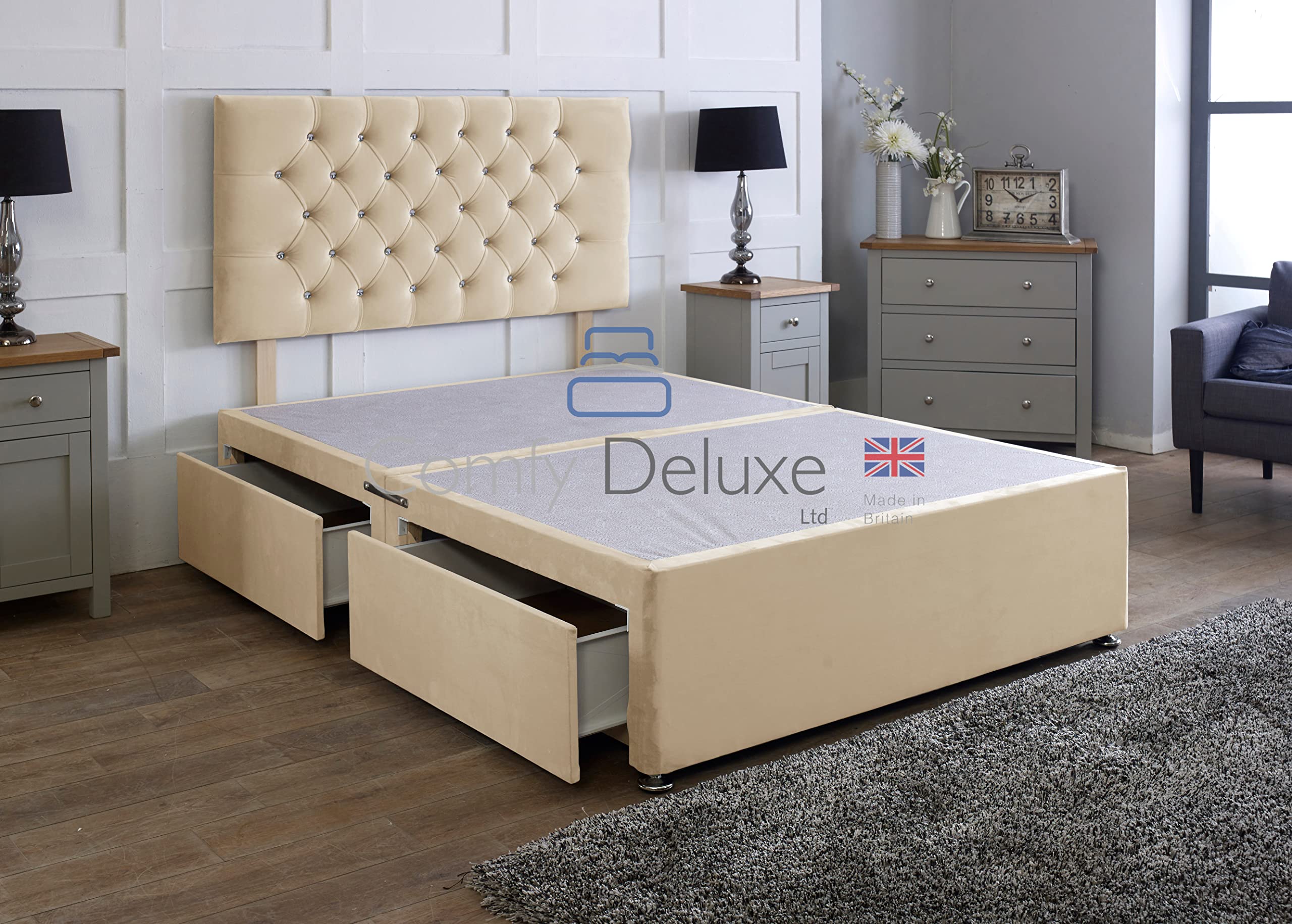 Comfy Deluxe LTD Chesterfield Divan Bed Set - 3FT Single, Coffee | Plush Velvet Bed Frame with 26 Inch Headboard | No Mattress Included | 2 Same Side Storage Drawers | UK Made