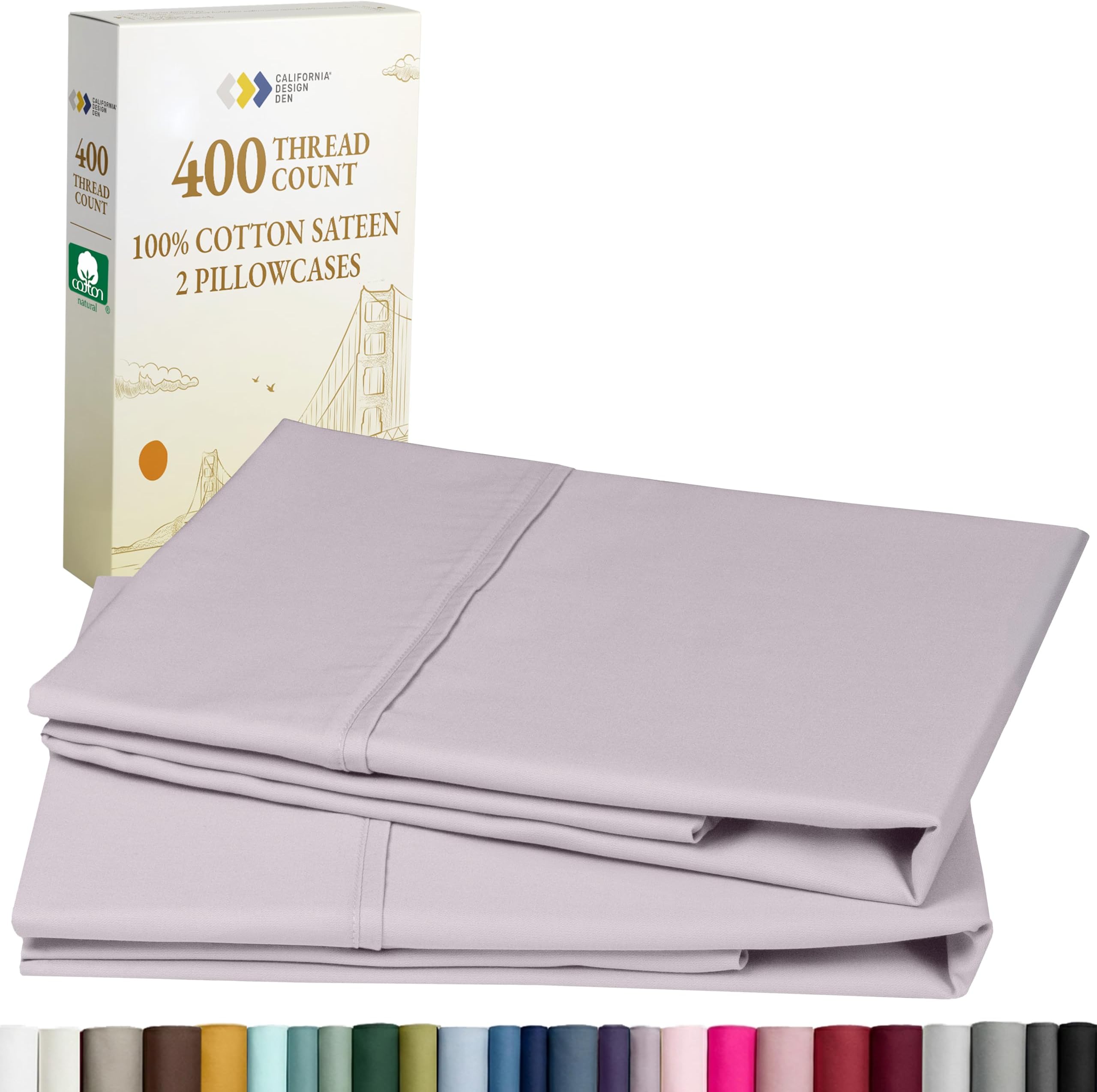 400 Thread Count 100% Cotton Pillow Cases, Lavender Grey Standard Pillowcase Set of 2, Long - Staple Combed Pure Natural Cotton Pillows for Sleeping, Soft & Silky Sateen Weave Bed Pillow Covers