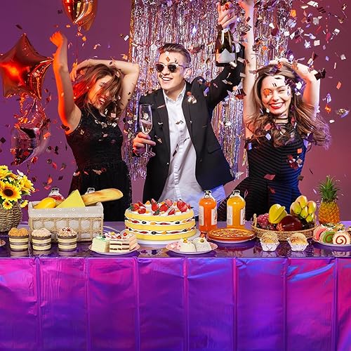 Miniatura 7 de Paquete de 8 manteles de plástico color morado iridiscente, manteles rectangulares desechables con láser, manteles de papel de aluminio holográfico,