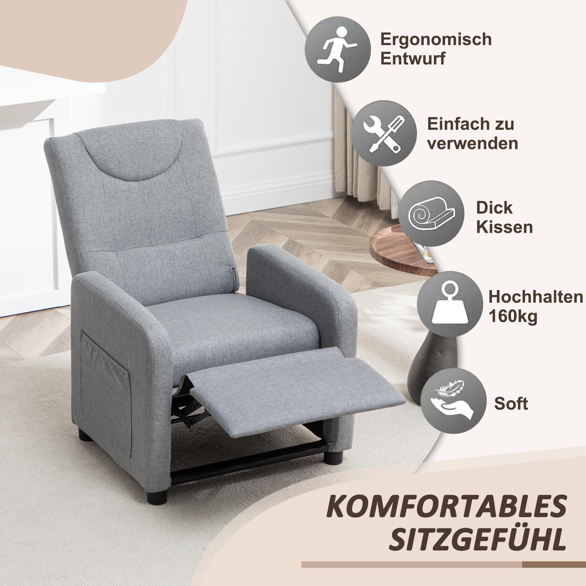 Thanaddo Relaxsessel Fernsehsessel Ruhesessel mit Liegefunktion, Einzelliege Sessel 140° Verstellbarer Rückenlehne, Ergonomisch Lounge Sessel bis 160 kg für Wohnzimmer Heimkino, Leinen Grau