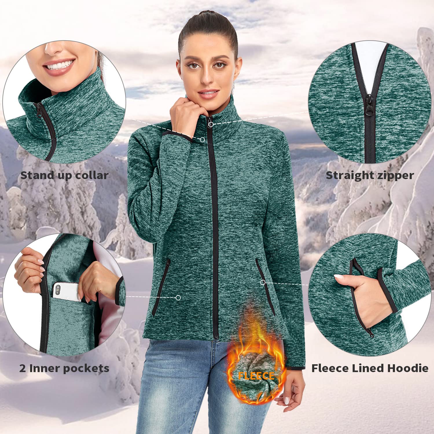 Soneven Veste Polaire Zippé Femme, Veste Polaire Femme Hiver Chaude Blousons Randonnée Femme à Capuche Molletonnée Légère Grande Taille pour Sports Running Outdoor Ski