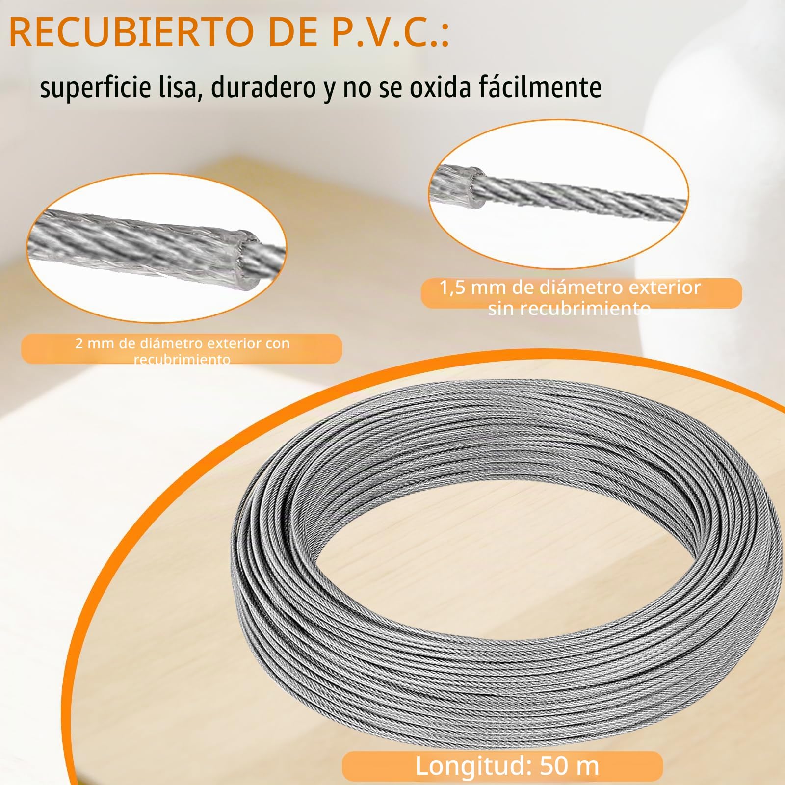 50m Cable Acero Inoxidable,Kit de Cables de Acero Inoxidable para Colgar,Tensor Cable Acero para Luces de Cadena Tendederos y Cuerdas para Colgar Cortinas