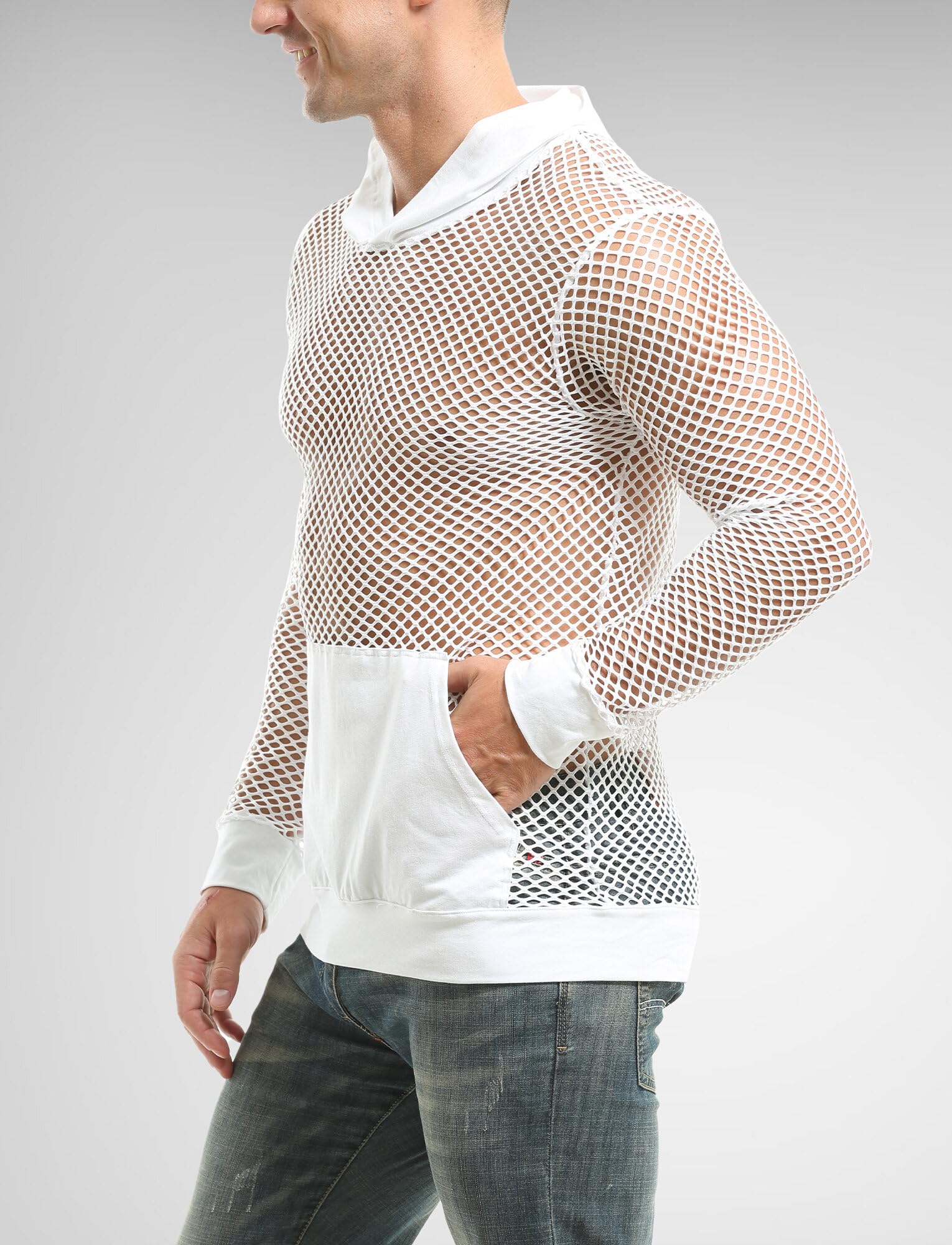 AIEOE Fischnetz Hoodie Herren Transparent Muskel Langarmshirt mit Kapuze Netz Shirts Locker Casual Dünn Sweatshirt Atmungsaktiv Frühling Herbst