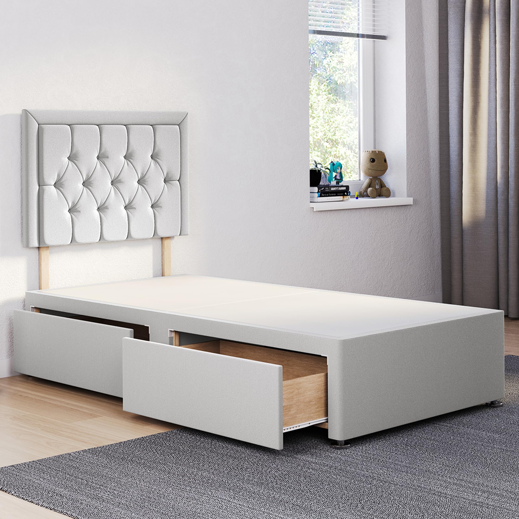 ComfoRest - Chic 3FT Single Divan Bed with 2 Drawers, 24" Sarah Headboard – Practical Single Bed with Storage and Durable Divan Base for Stylish Homes (Silver Plush)