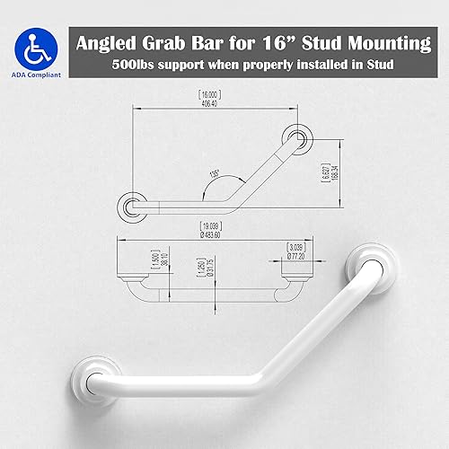 Miniatura 7 de Barra de agarre en ángulo de 1-14 x 16 pulgadas para montaje de pernos con agarre moleteado, ayuda de movilidad de baño, compatible con ADA, soporte