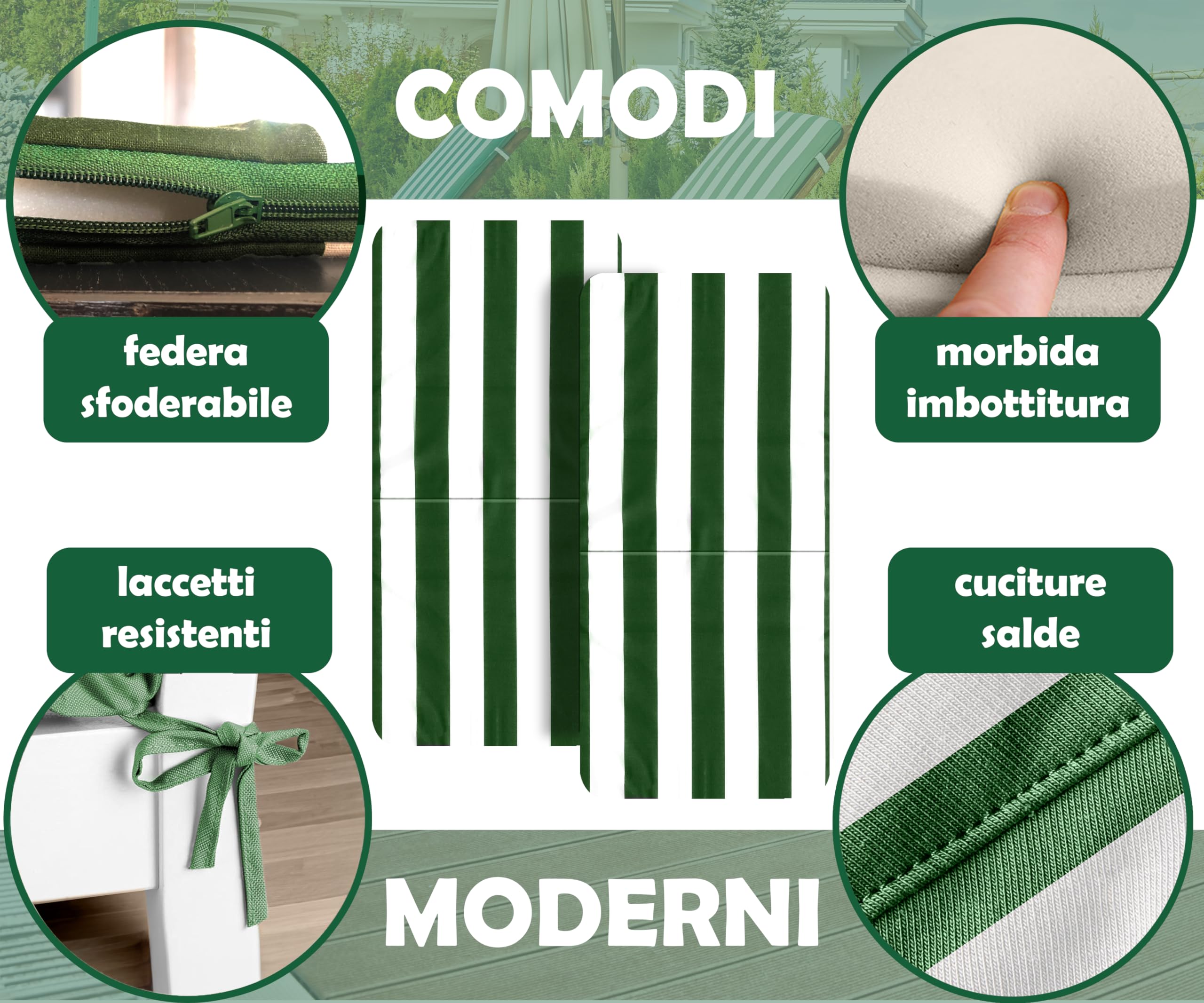 HAND - 2 Cuscini Sedie da Esterno con Schienale Basso, Sfoderabili in Cotone Imbottito, Misure 39+39x38 cm, Ideali per Sedie da Giardino (Verde)