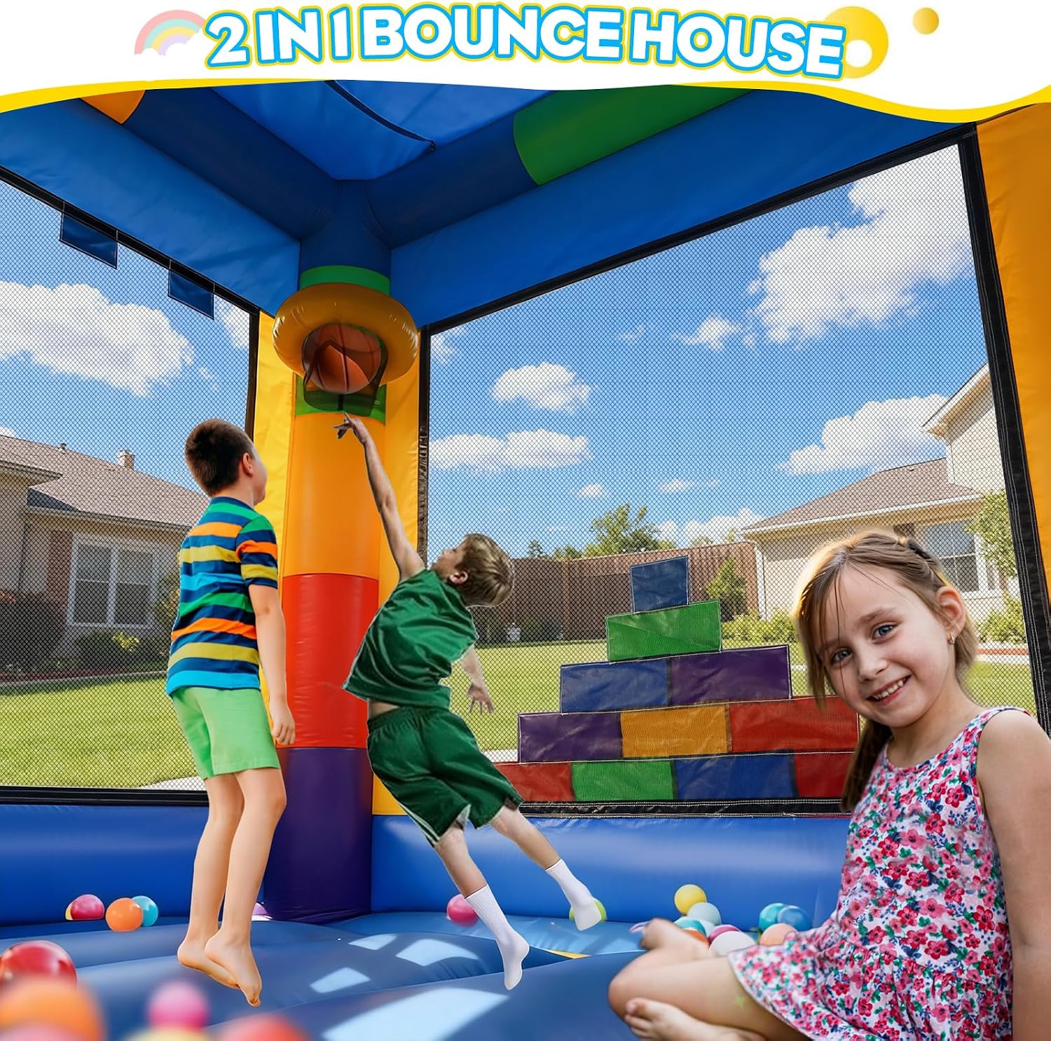 14FT Bounce House - 100% PVC Inflatable Castle for Kids, Easy Setup Outdoor Bouncy House for Parties, Holidays, and Yard Fun (Cube, 13.5FT)