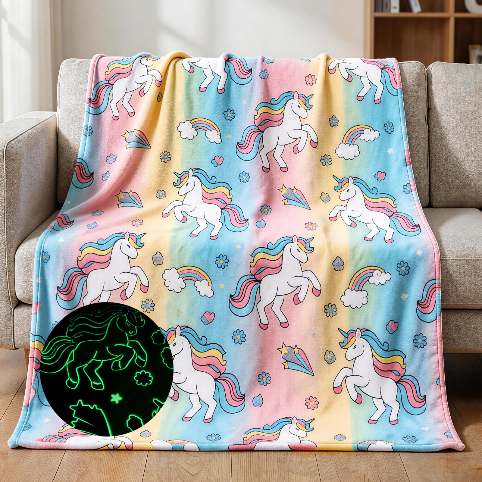 LXTOPN Decke Leuchtet im Dunkeln,Kinderdecke Einhorn Pattern,Kuscheldecke Leuchtende Decke für Kinder und Erwachsene Fluoreszierende