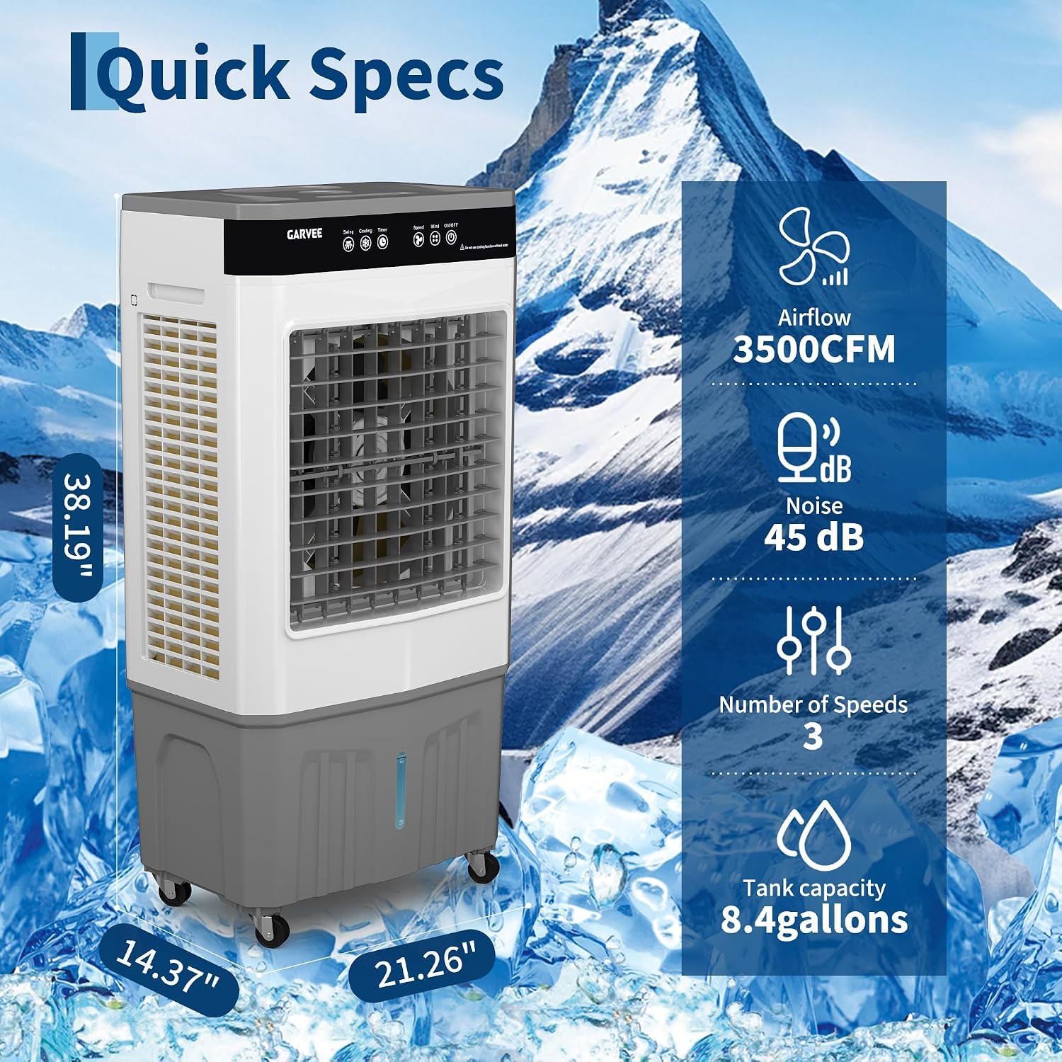 8.4 Gal Evaporative Air Cooler with Remote & Timer, 3500 CFM Portable Swamp Cooler Fan with 4 Ice Packs, 3-Speed, 120° Oscillation, Blows Cold Air for Home Office Workshop Garage