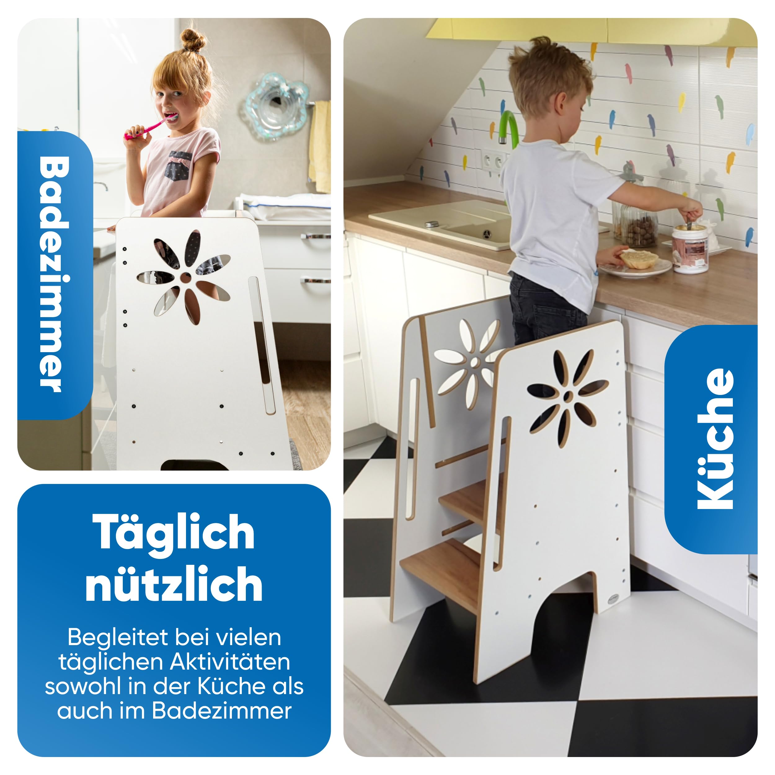 Kitchen Kids Helper Lernturm ab 1 Jahr - Höhenverstellbarer Lernturm Montessori Weiß und Eich 80cm - Sicherer Learning Tower für Kinder - Ideal für Küche & Bad - Stabile Konstruktion -Leichter Aufbau