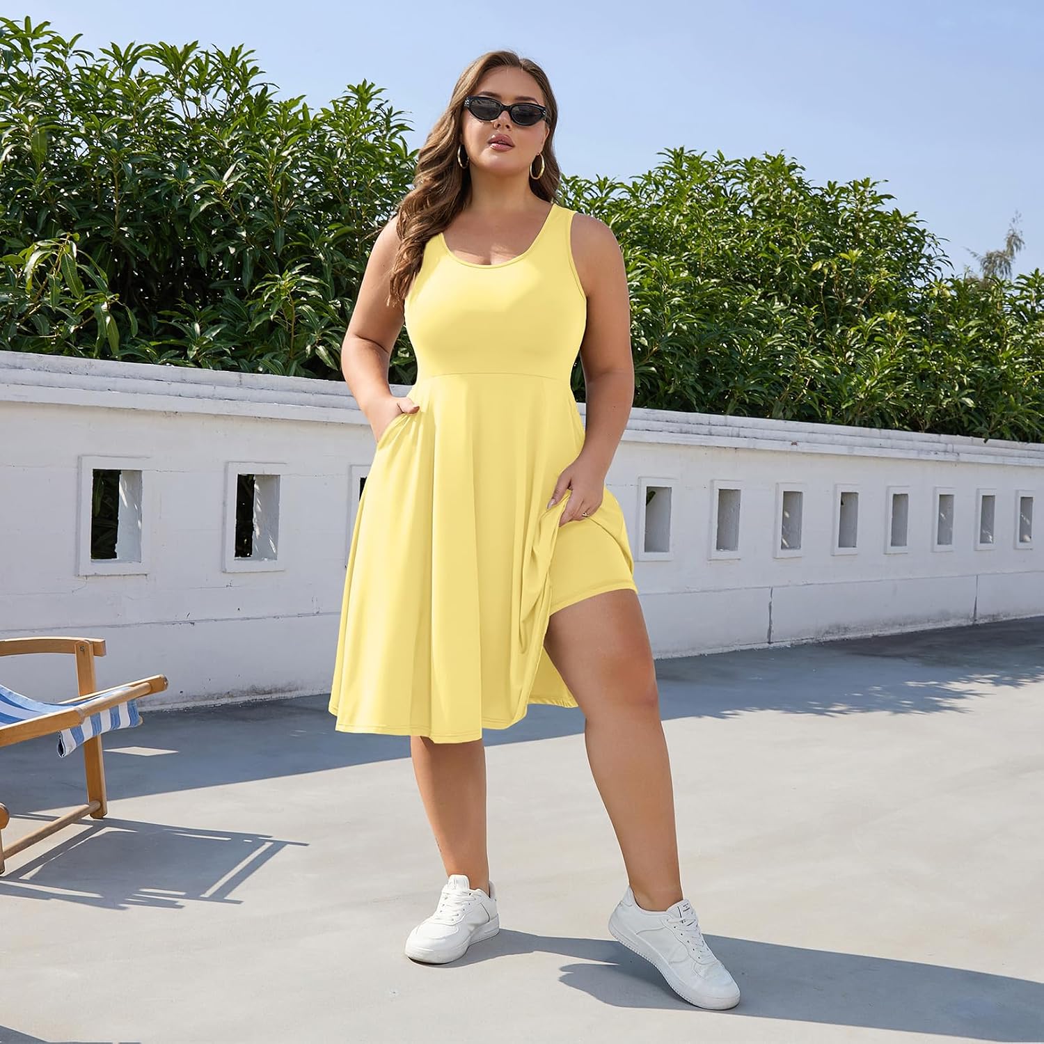 GINKANA Plus Size Tennis Dress with Separate Shorts Cloud Feeling Mini Tank Dress Sleeveless Workout Athletic Dresses,Yellow 2X