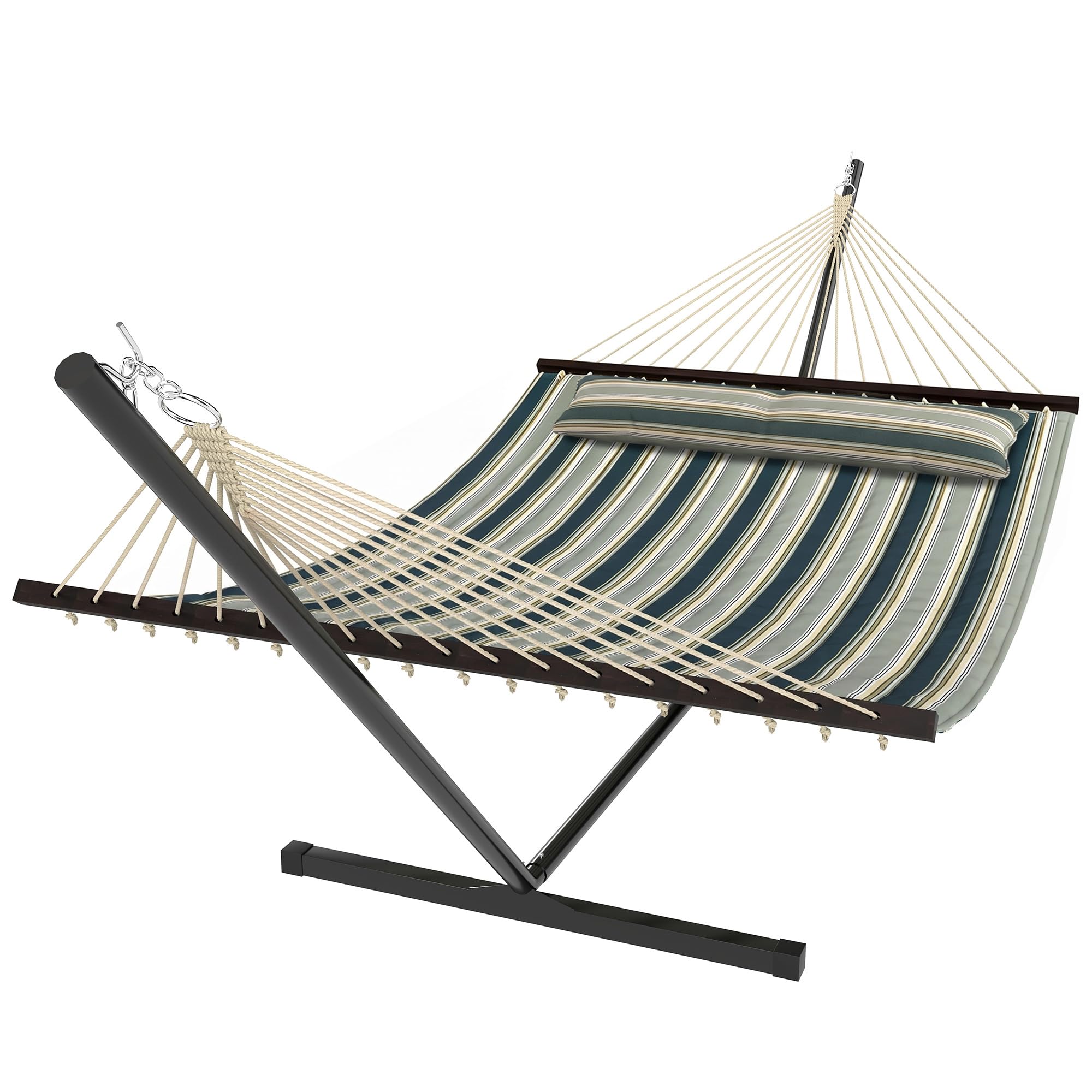 Outsunny Hamac sur Pied 353 cm, hamac avec Support Acier avec Coussin Amovible et Barres d'écartement, pour intérieur et extérieur, lit de Sieste rayé, Vert