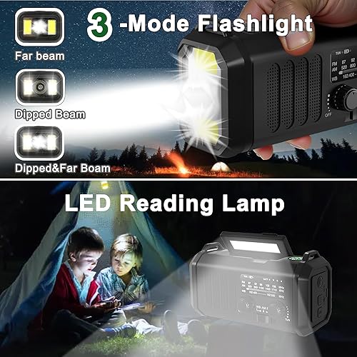 Miniatura 10 de Radio de emergencia de 10000 mAh, Radio de manivela, Radio solar, Radio meteorológica NOAAAMFM, Radio portátil de carga tipo C, Linterna de 3 modos,