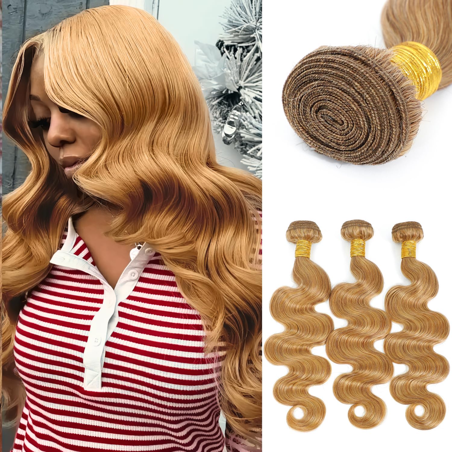 #27 Honey Blonde Bundles Human Hair Body Wave 10 12 14 Inch, Soft Cozy Ash Golden Blond Sew In Quick Weave Loose Wavy 3 Bundles, 12A 100% Unprocessed