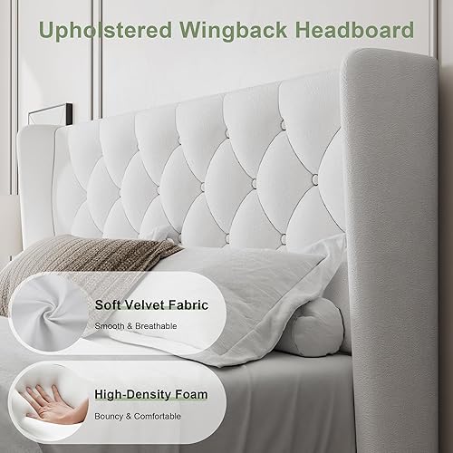 Miniatura 47 de Feonase Base de cama de tamaño matrimonial con cabecera tapizada con respaldo de ala, plataforma y soporte de listones de madera resistente, fácil