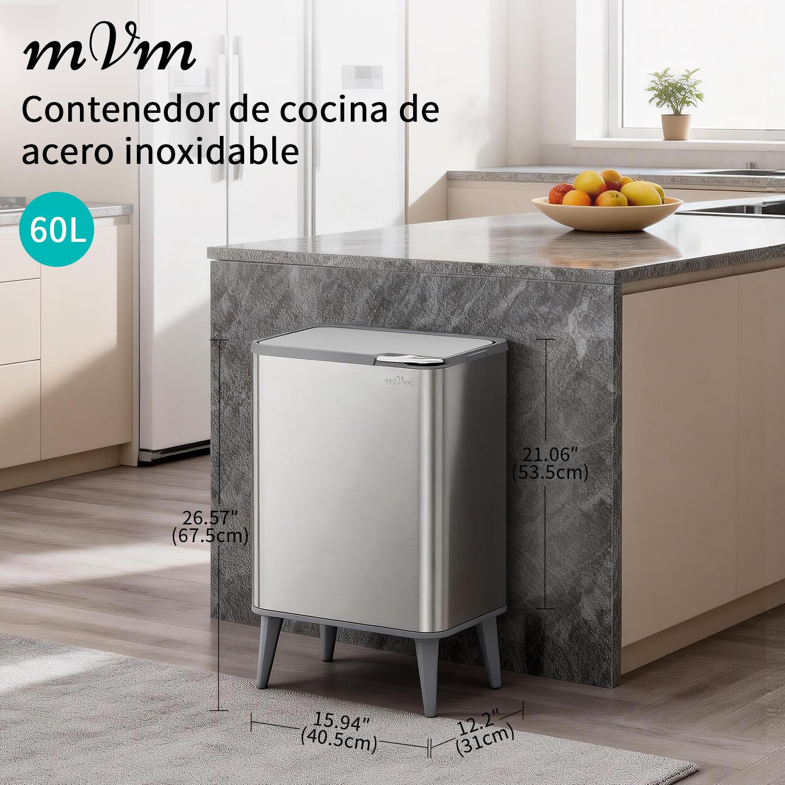 mVm Cubo de Basura con Presión Manual 60L, Acero Inoxidable Antihuellas con Soporte Desmontable, Tapa Amortiguada y Cubo Interior Extraíble