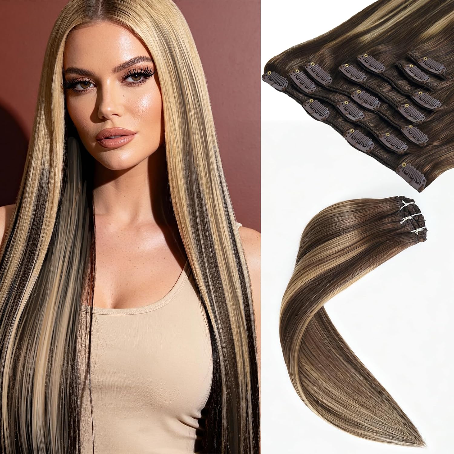 Clip in Hair Extensions Real Human Hair, 16Inch 120g Remy Human Double Weft Hair Extension Clip Ins for Women, Silky Straight Hair to Add Volume,7 Pcs,4/27/4 Balayage Chocolate Brown to Caramel Blonde