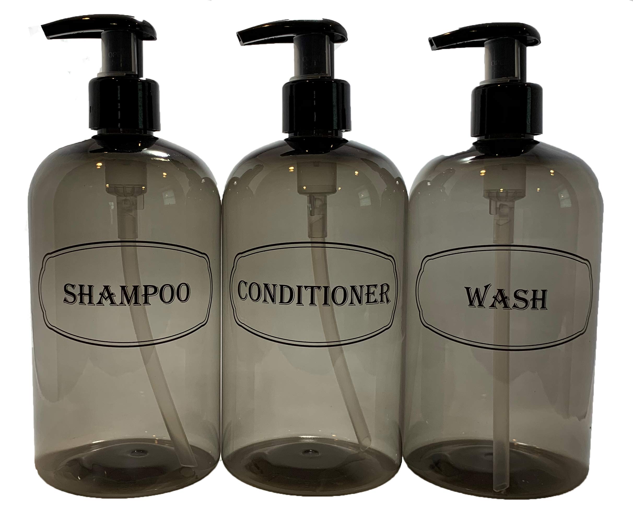 Bottiful Home16 oz Grey Shampoo, Conditioner, Wash Shower Soap Dispensers-3 Refillable Empty PET Plastic Pump Bottle Shower Containers-Printed Design-Waterproof, Rust-Free, Clog-Free, Drip-Free