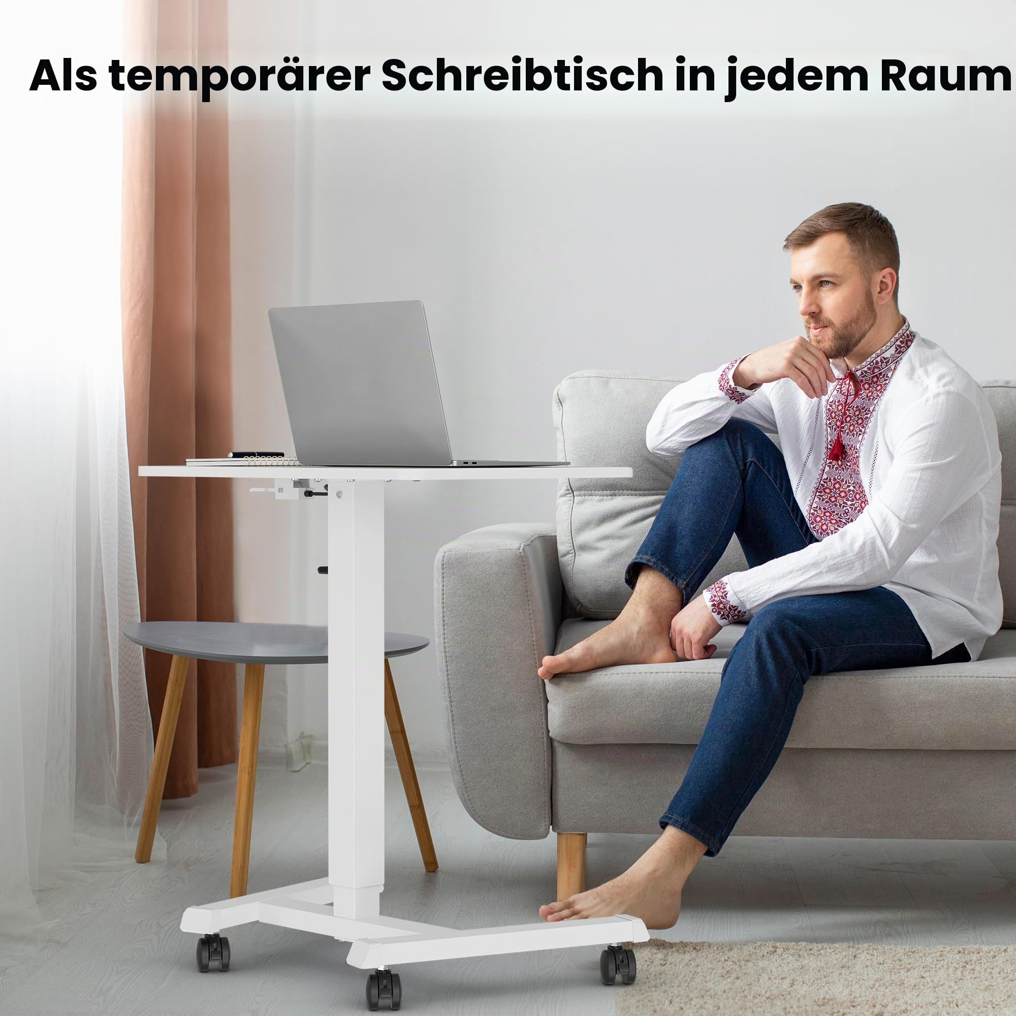 BONTEC 65×45cm Stehpult Höhenverstellbarer Stehtisch mit 4 Rollen, Steh-Sitz Schreibtisch mit Rädern, Überbett-Tisch für Wohnzimmer, laptoptisch höhenverstellbar, Max 15KG, Weiß