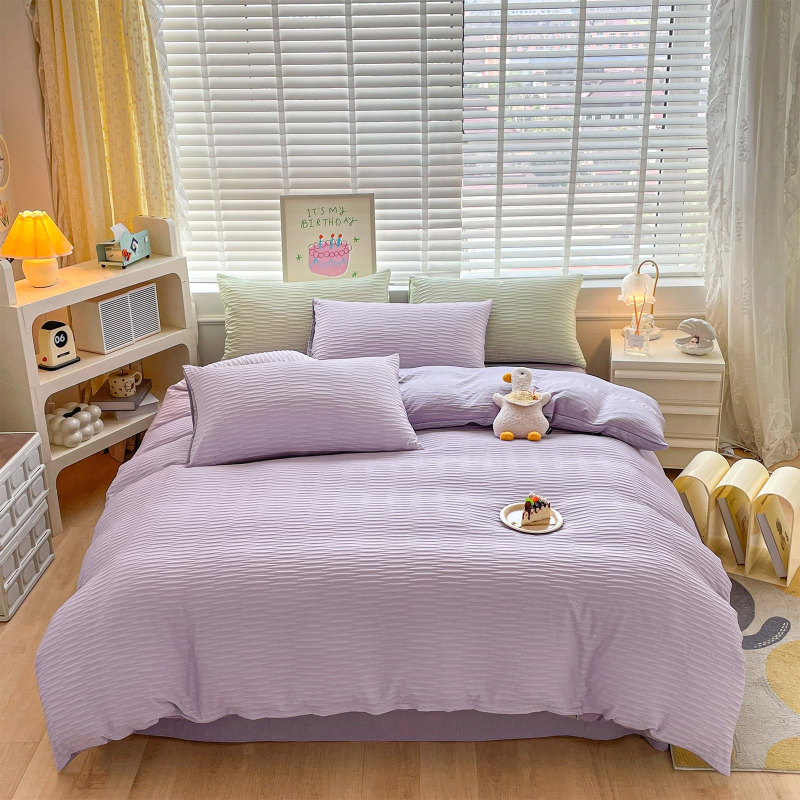 Seersucker Duvet Cover Set Double Size Beddding Set including Pillowcases for Teens Adults Soft Microfiber Polyester Seersucker Bedding - Image 2