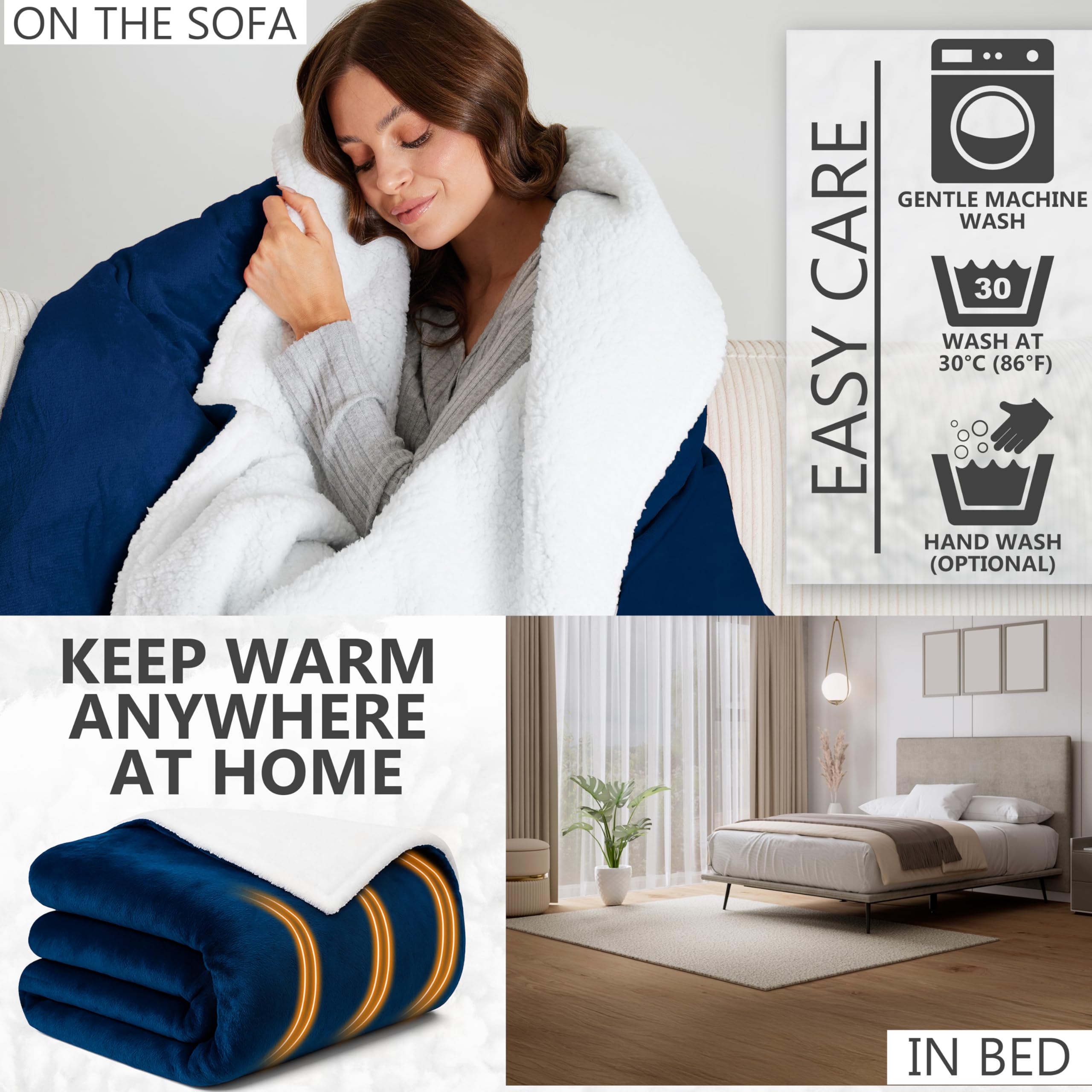 Get Trend Coperta Riscaldante Elettrica King 230x265 cm, Plaid in Pile Sherpa, 9 Livelli, Timer 12 Ore, Riscaldamento Elettrico Rapido, Idea Regalo Cosy (Blu Navy, King EU)
