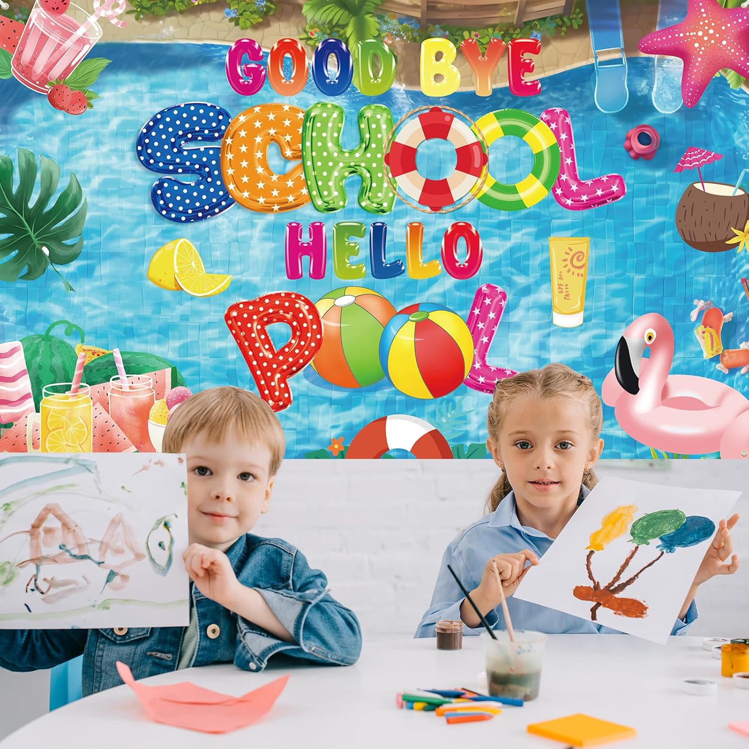 Fancy Land Goodbye School Hello Pool Backdrop for Party Decorations End of School Year Banner for School Classroom Teacher Supplies Indoor Outdoor Decor Ornament Favor 71 x 43 Inches