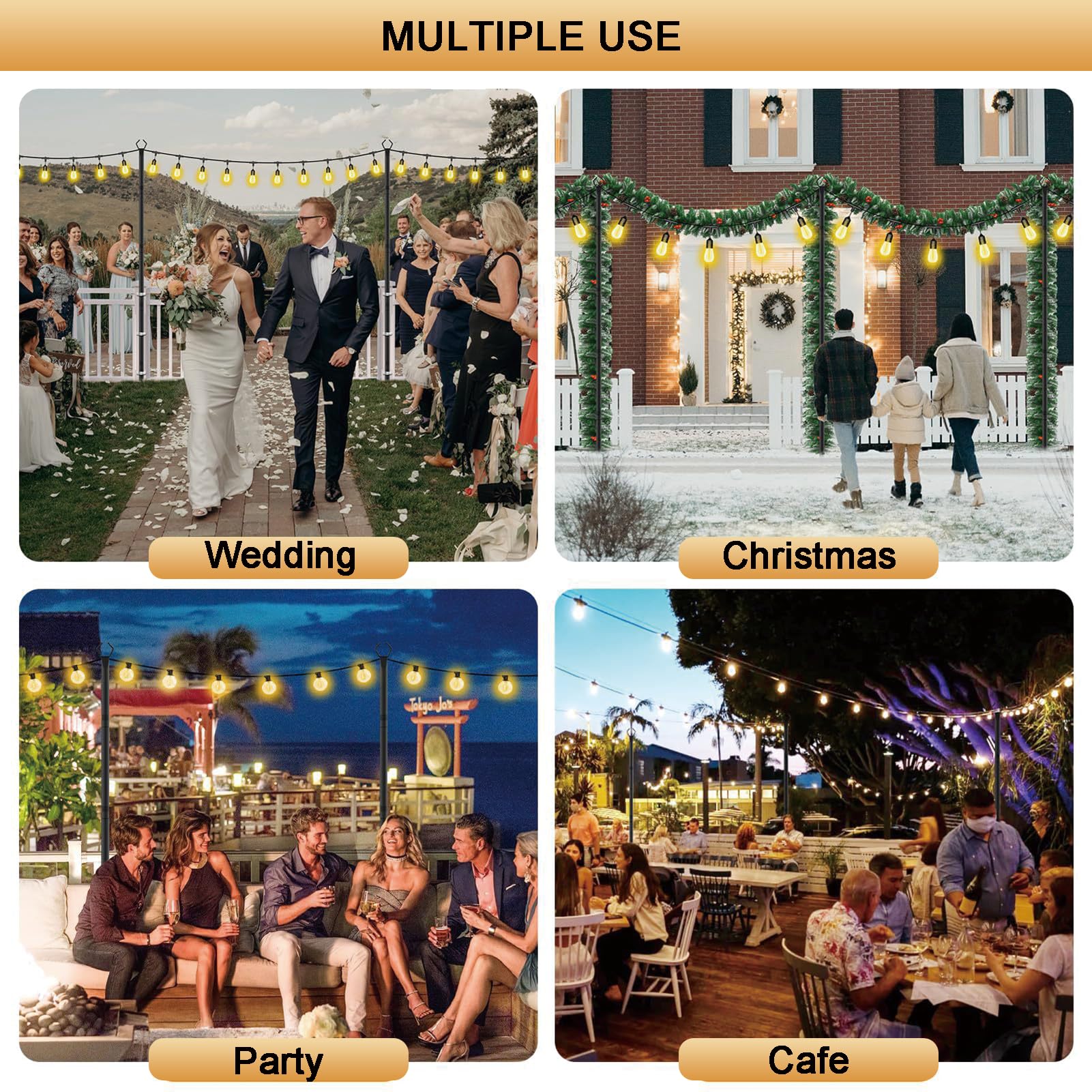 Confezione da 4 pali luminosi a corda, 3 m, in metallo con forcella, per luci esterne, resistenti alle intemperie, per feste, cortile, esterni, patio, giardino, terrazza, matrimoni (confezione da 4)