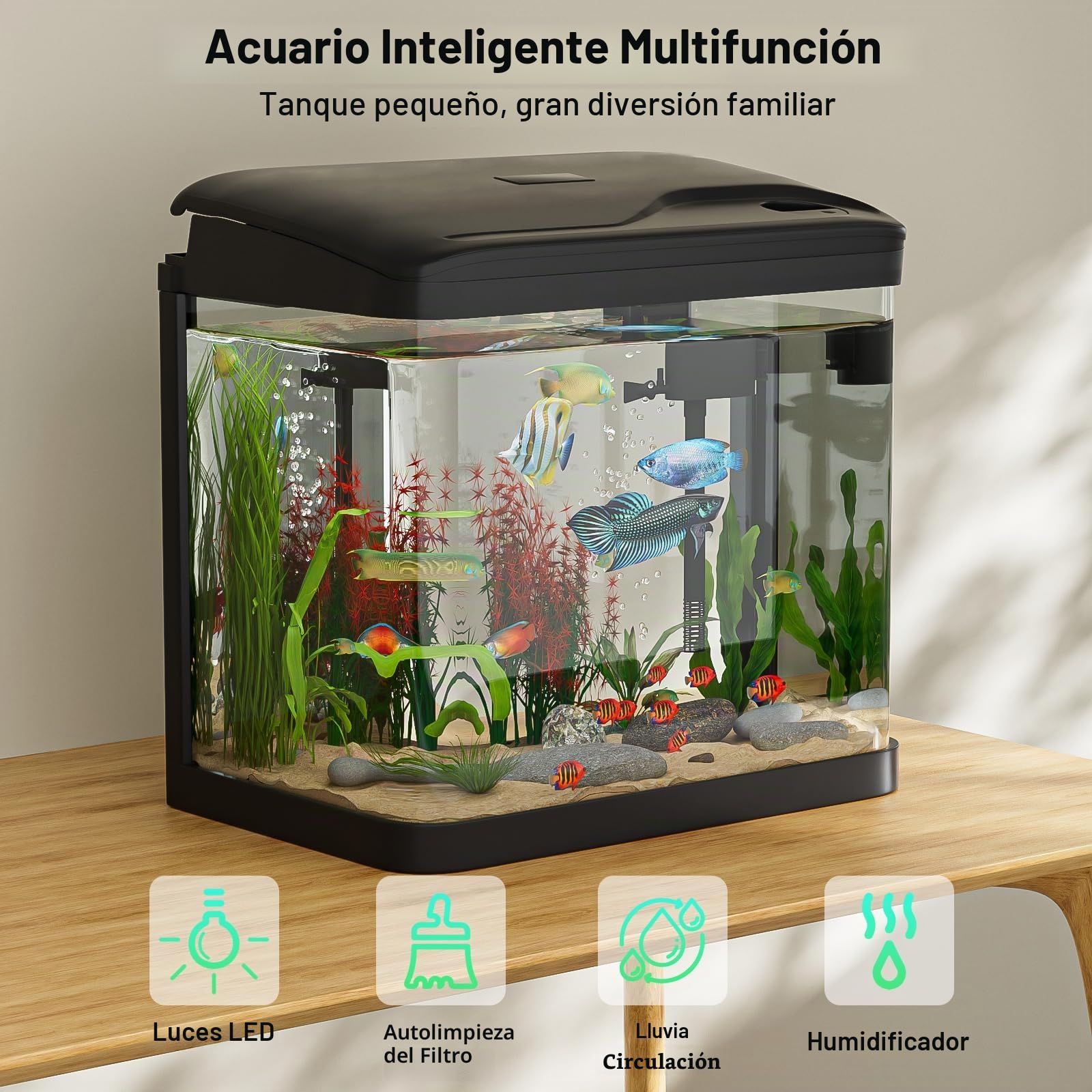 6L Acuario de Cristal, Ambesty Acuarios y Peceras Completas,Pecera con Sistema de Filtrado Integrado e Iluminación LED,Bajo Ruido y Silencioso,Acuarios de Iniciación, Negro