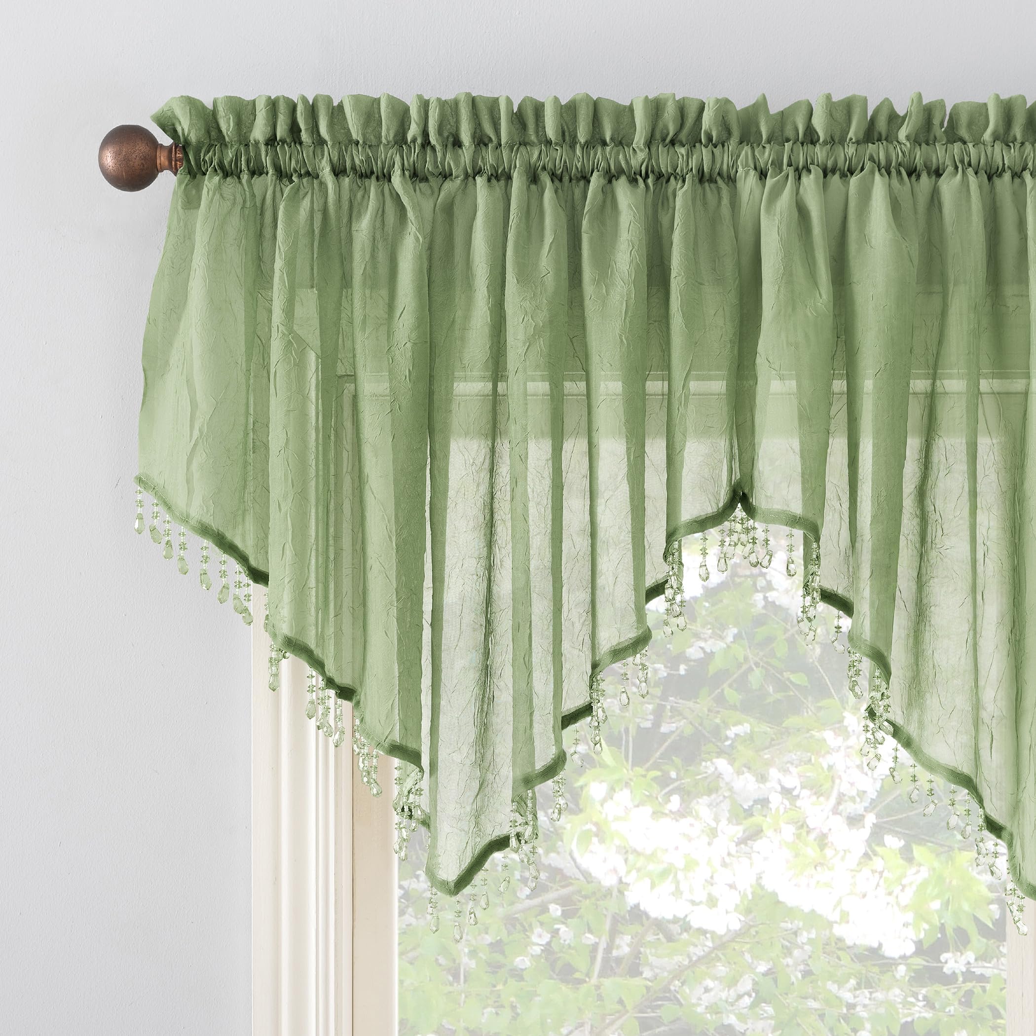 No. 918 Erica Crushed Texture Sheer Voile Beaded Ascot Curtain Valance, Sage Green, 51