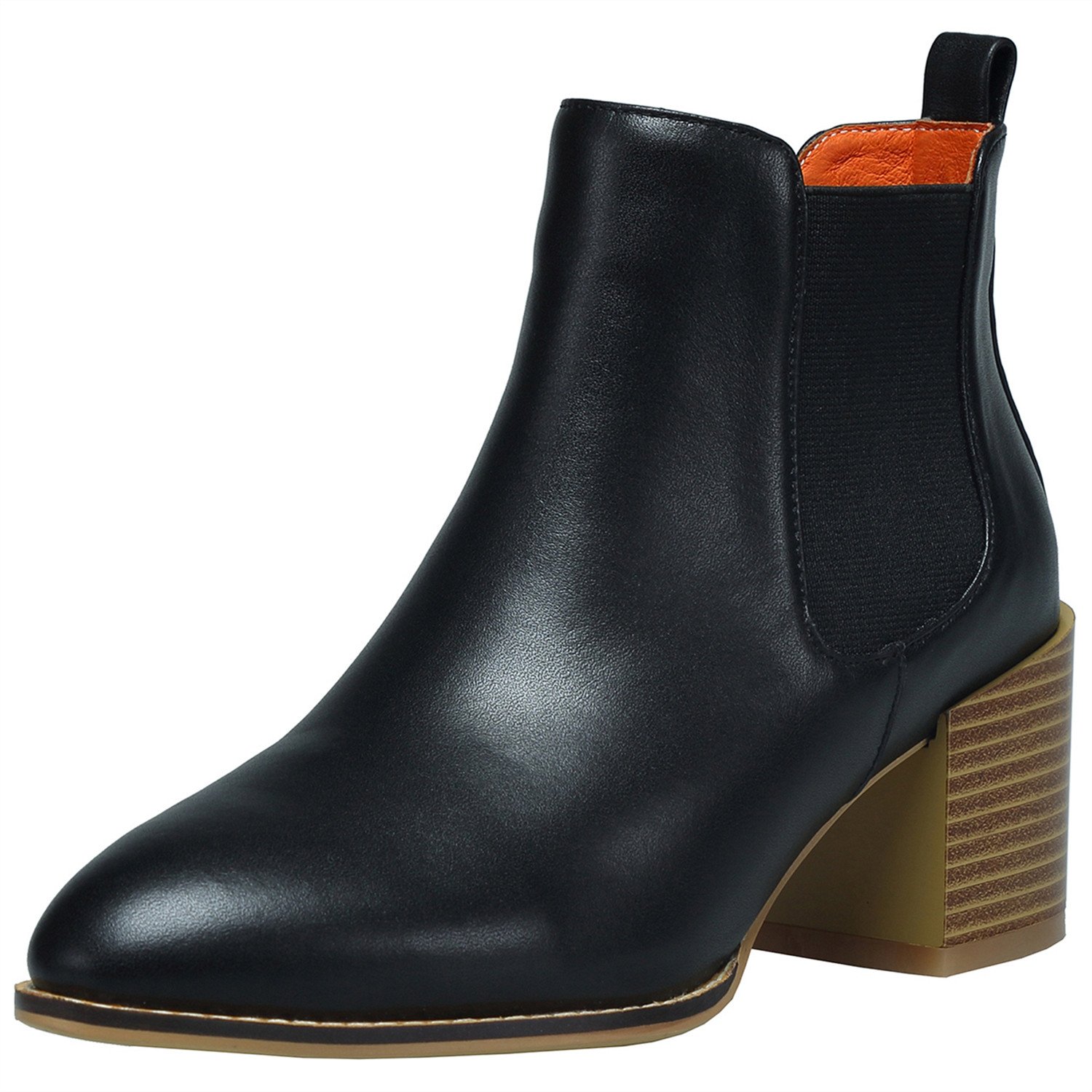 Women's Genuine Leather Ankle Boot High Chunky Heel Shoes Comfortable Elastic Pointed Toe Cowboy Bootie (10, Black)