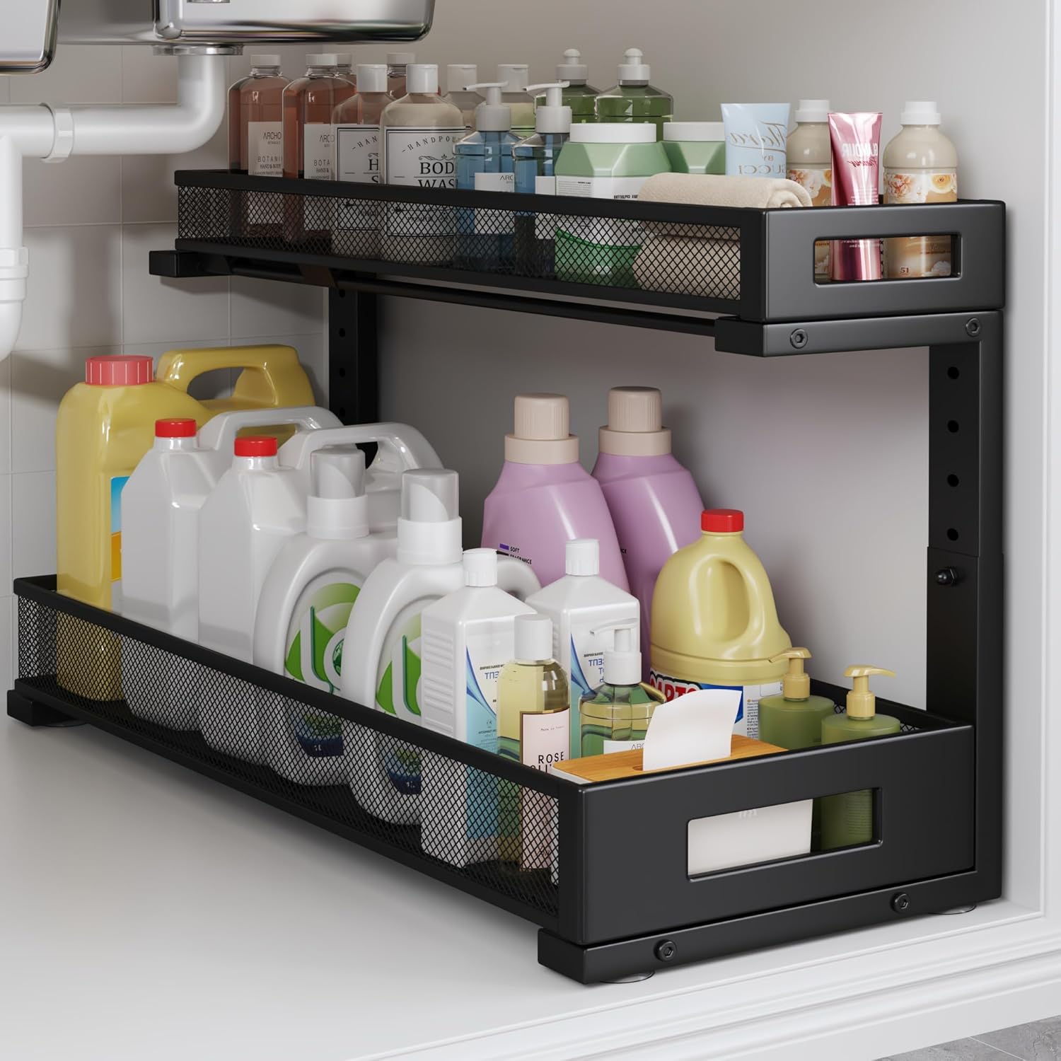 1 Pack 20.47IN Depth Under Sink Storage Organizer, Large 2-Tier Elegant Mesh Pull Out Shelf for Kitchen and Bathroom Cabinet Organization, L-Shaped and Adjustable Height Design-Black 1 Pack-20.47\"Dx11.4\"-16.14\"H Black INCOMPLETE