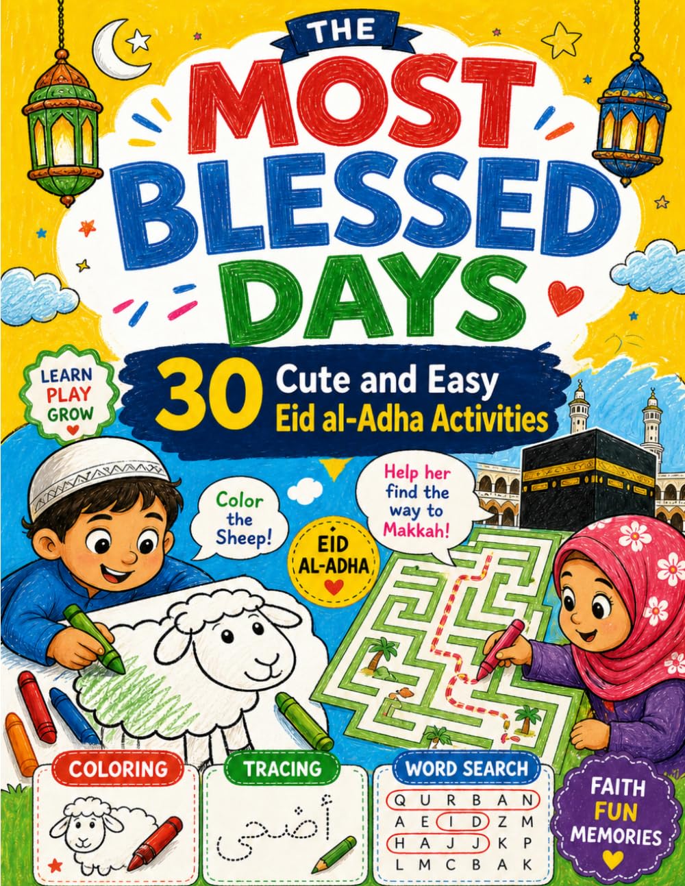 The Most Blessed Days 30 Cute and Easy Eid al-Adha Activities: for Muslim Toddlers Featuring Coloring, Mazes, Tracing, Matching, Word Search & More