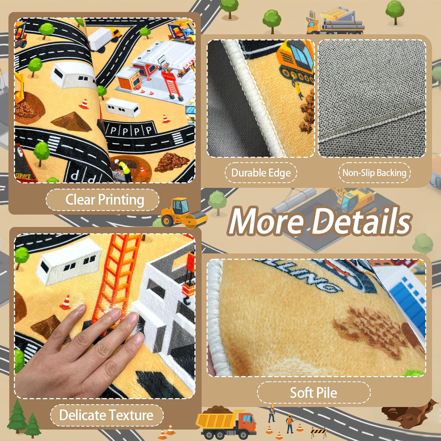 5x7 Ft Construction Site Car Rug Play Mat, Faux Wool Kids Rugs Engineering Car Playmat for Children, Non Slip City Road Trucks Rug Washable Carpet for Boy Playroom Bedroom