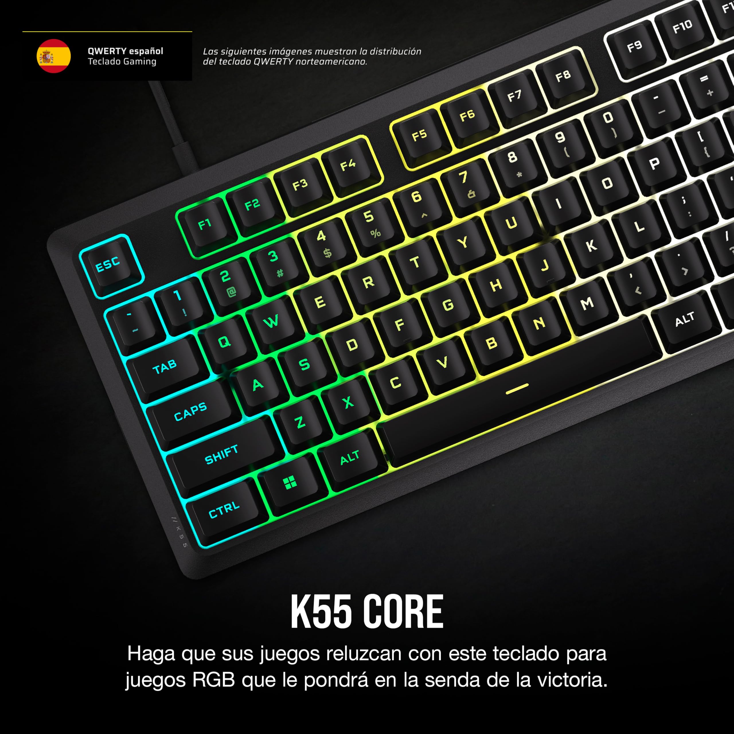Corsair K55 Core RGB Teclado de Membrana con Cable para Juegos – QWERTY español – Interruptores Silenciosos y Sensibles – Resistente a Salpicaduras – RGB de Diez Zonas – PC, Mac –Negro