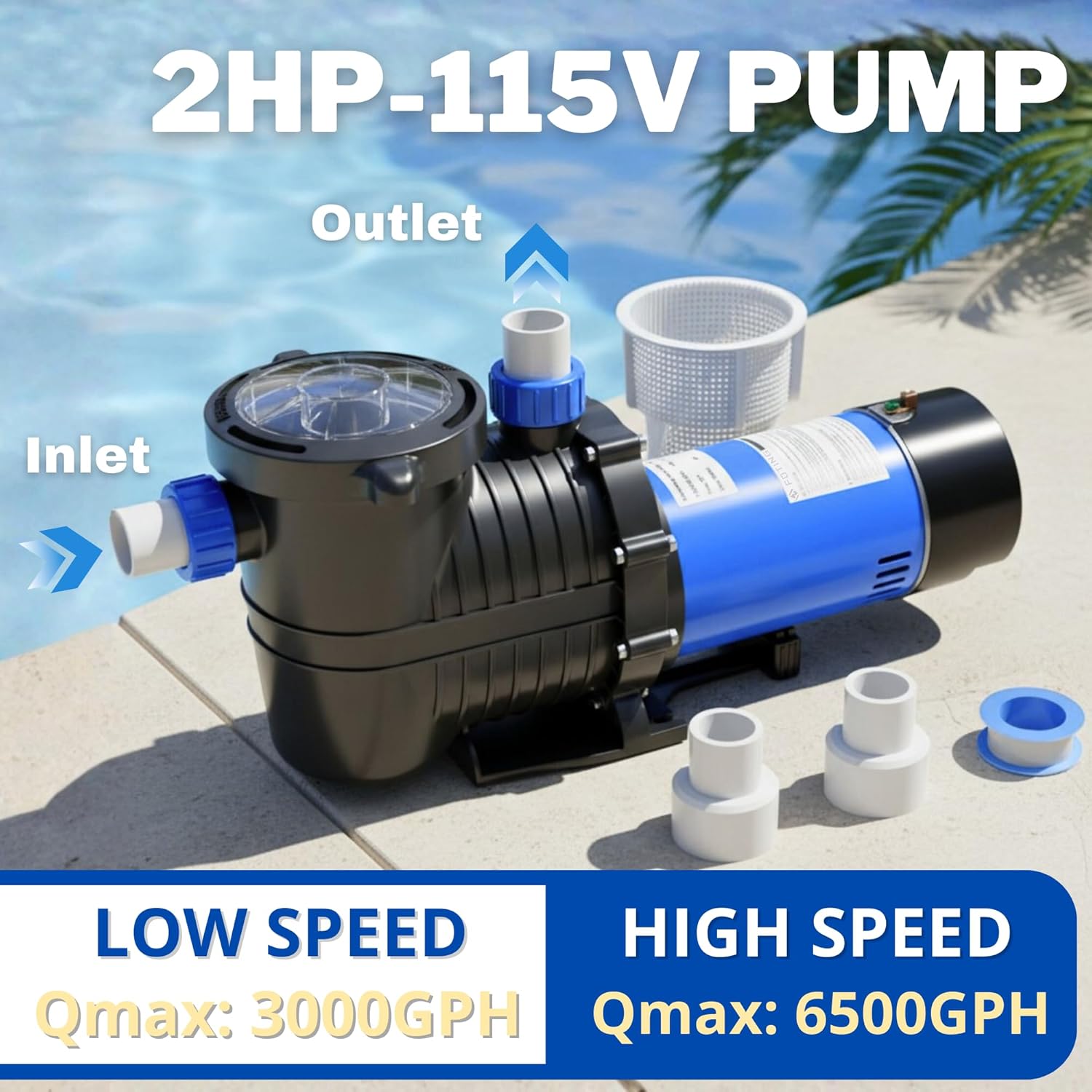 FOTING In/Above Ground Pool Pump, Self Primming Pool Pump High Flow 1.5" & 2" NPT Inlet Connectors, Dark Blue