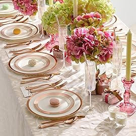By Madee PREMIUM Elegant Disposable Dinnerware Set - 175 Pc Rose Gold Plastic Plates and Utensils Set with Luxury Napkins - Perfect as Pink Christmas Plates, Weddings, Bridal & Baby Shower (25 Guests)
