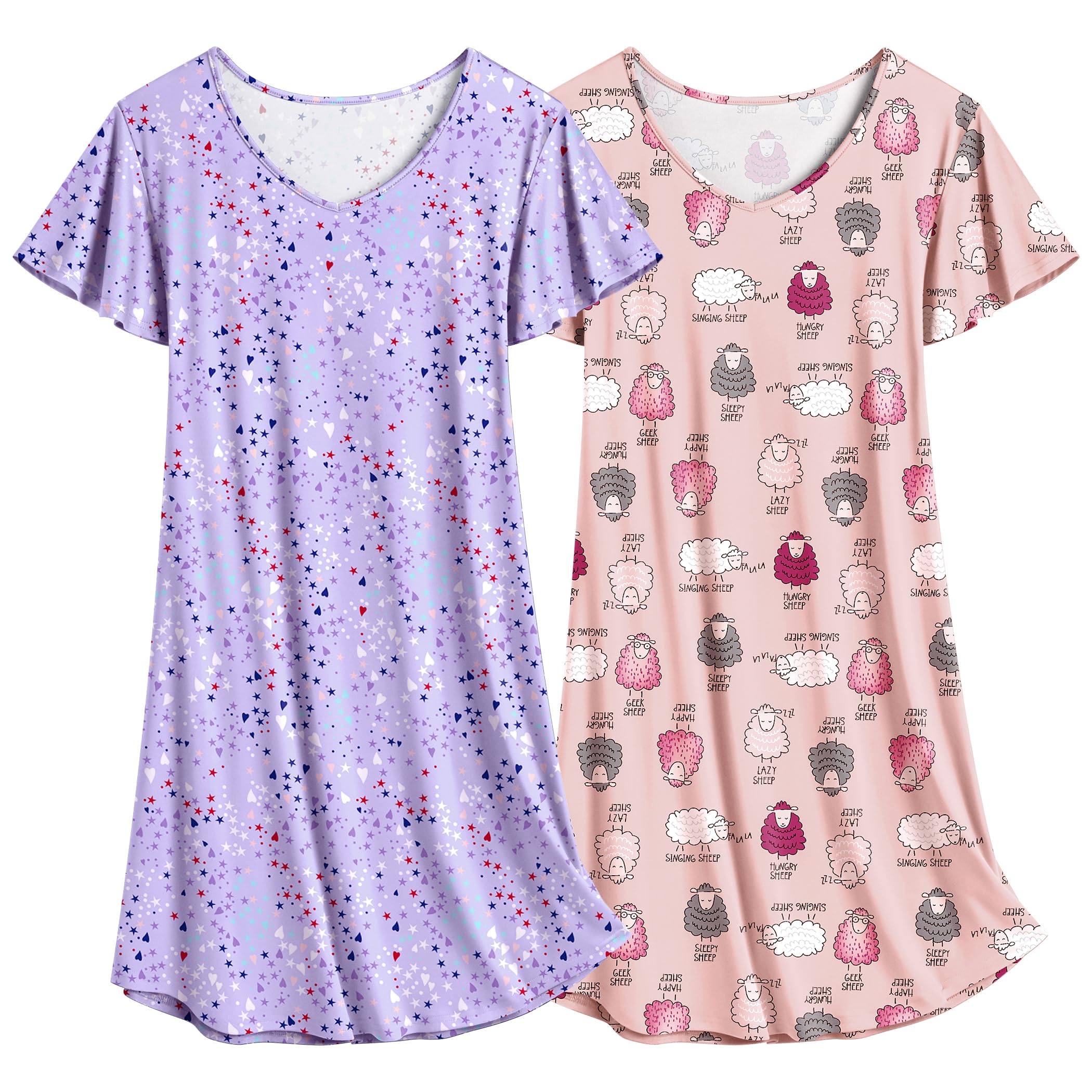 Ekouaer Camisón de Mujer de Manga Corta, Paquete de 2 Piezas, Lindos Camisones de Verano Estampados S-XXXL